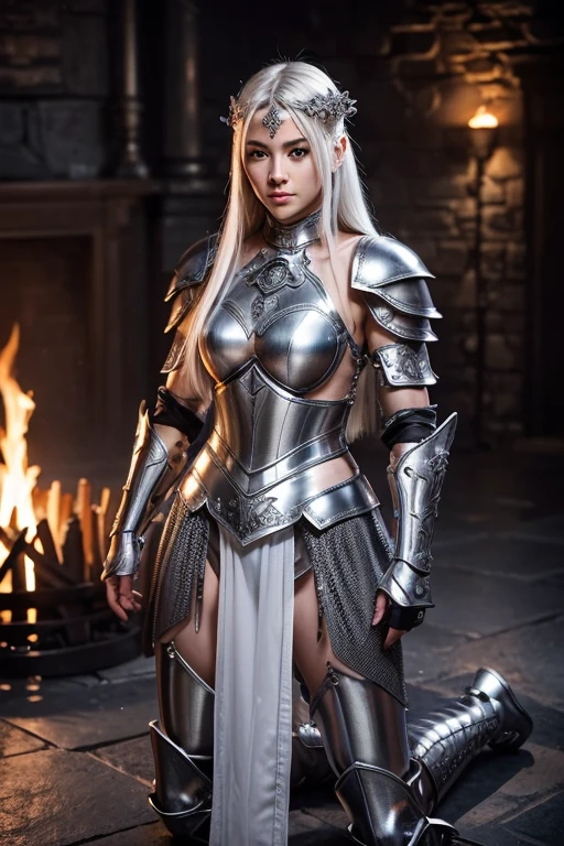 elf ,white eyebrows, eyelashes, curved mouth expression, smooth skin, long luscious platinum white hair, short ears, earrings, full detailed body, detailed seductive paladin armor, fantasy two handed claymore, fantasy dnd at night full moon light