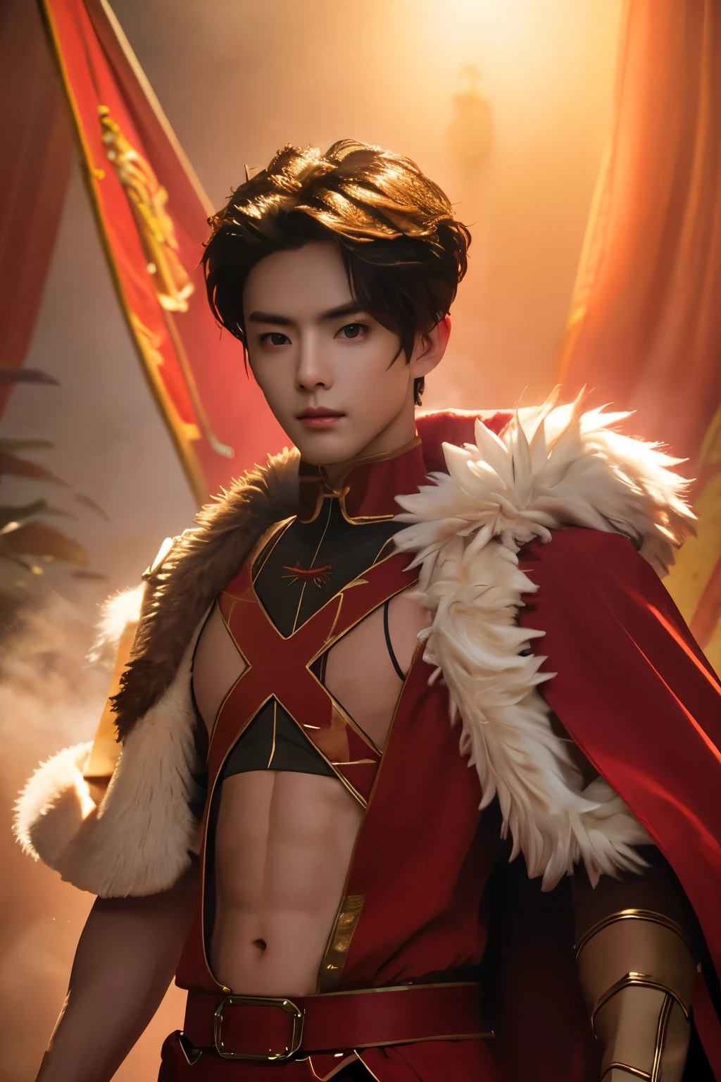 alexanderfgo, 1boy, masterpiece, realistic, absurdres, RAW photo, best quality, high resolution, chinese boy, male model, very very handsome, perfect face, cute face, intricate detail, clear and beautiful detailed eyes, fur-trimmed cape, crop top, young, muscular, slim muscular, handsome muscle, abs, detailed skin, male focus, fighting, Correct anatomy, looking at camera, battlefield, detailed highlights and shadows, Cinematic Lighting, soft light, full-body shot, front view, Professional photography, 8K UHD,