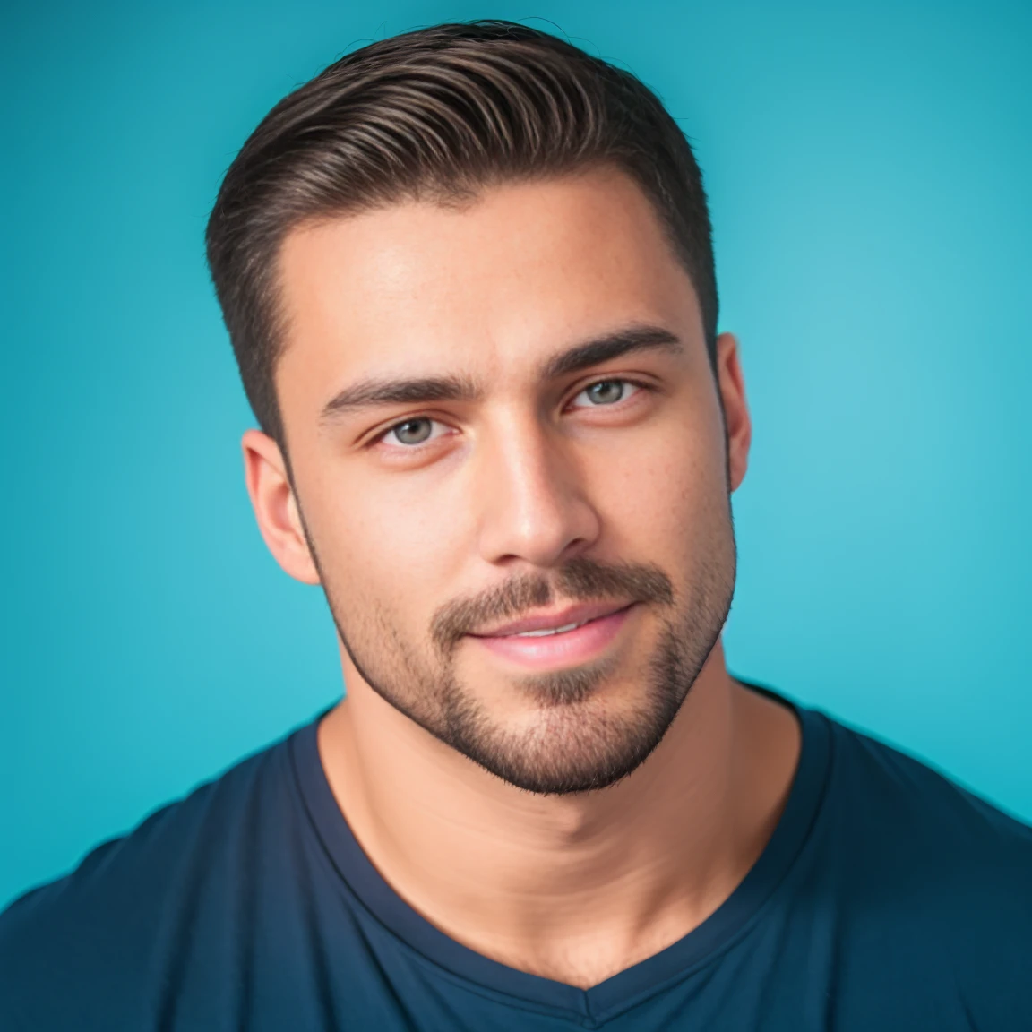 1man, A medium close-up shot of a charismatic male fitness model, 30 years old，small beard, smiling expression，gloomy eyes，Blue eyes, blue background, wearing a shirt, natural lighting, cinematic and moody, (best quality,4k,8k,highres,masterpiece:1.2),ultra-detailed,(realistic,photorealistic,photo-realistic:1.37),HDR,studio lighting,professional,vivid colors,dramatic lighting
