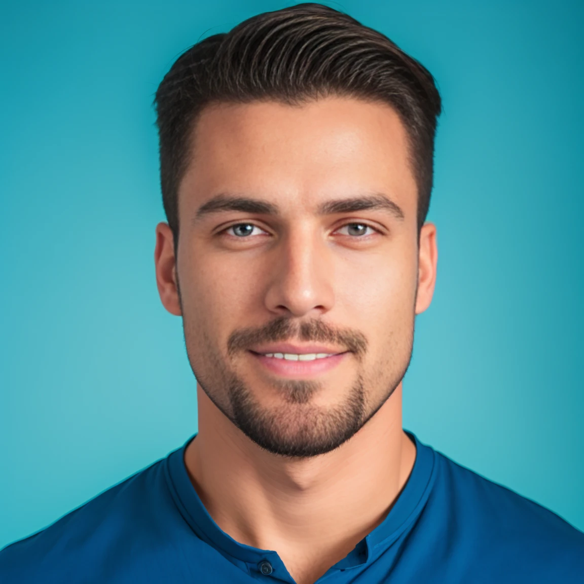 1man, A medium close-up shot of a charismatic male fitness model, 30 years old，small beard, smiling expression，gloomy eyes，Blue eyes, blue background, wearing a shirt, natural lighting, cinematic and moody, (best quality,4k,8k,highres,masterpiece:1.2),ultra-detailed,(realistic,photorealistic,photo-realistic:1.37),HDR,studio lighting,professional,vivid colors,dramatic lighting
