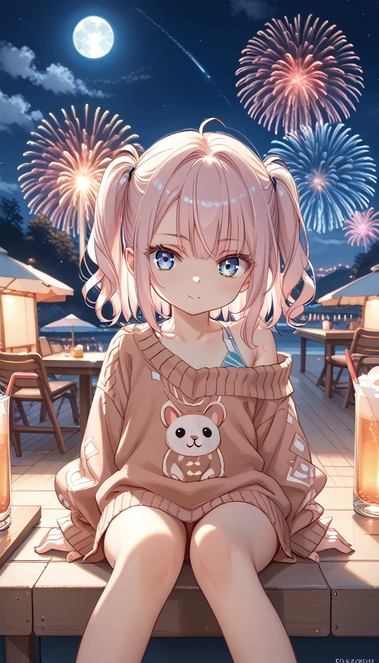 score_9, score_8_up, score_7_up, score_6_up, score_5_up, score_4_up, BREAK cool beauty, glossy silky hair, captivating eyes, amorous and lewd expression, wearing shoulderless loose knit sweater, perfect proportions, BREAK night, open cafe on the beach, sitting, background huge full moon and huge fireworks, BREAK delicate and dynamic textures, contrasts of light and shadow, 2.5D, artistic photography, hyper realistic, digital graphic CG