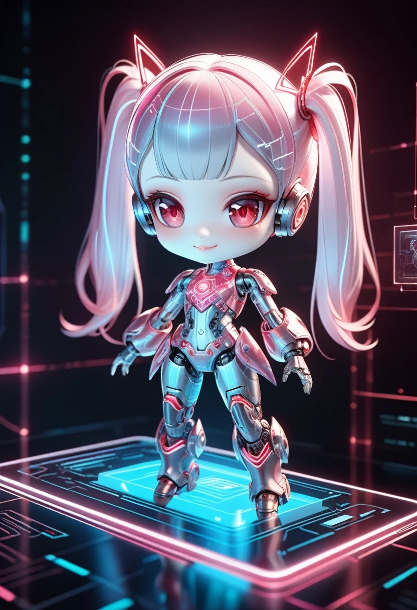 extremely detailed ultra-cute tiny android girl in cyber space holographic interface, hyper petite, redhead twin tails girl, beautiful detailed red eyes and lips, extremely detailed beautiful pale skin, mechanical body from neck down, detailed red and white mechanical body, clear pink beautiful neon glowing from body, pink holographic interface, girl pointing at hologram sweets with a smug smile, fairytale, cowboy shot, high quality 3D rendering, dramatic lighting, professional photography resolution、chibi.noc-wfhlgr

