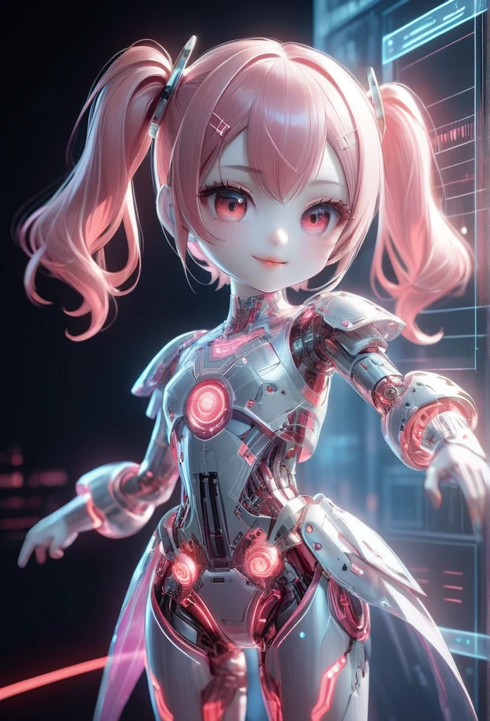 extremely detailed ultra-cute tiny android girl in cyber space holographic interface, hyper petite, redhead twin tails girl, beautiful detailed red eyes and lips, extremely detailed beautiful pale skin, mechanical body from neck down, detailed red and white mechanical body, clear pink beautiful neon glowing from body, pink holographic interface, girl pointing at hologram sweets with a smug smile, fairytale, cowboy shot, high quality 3D rendering, dramatic lighting, professional photography resolution、chibi.noc-wfhlgr

