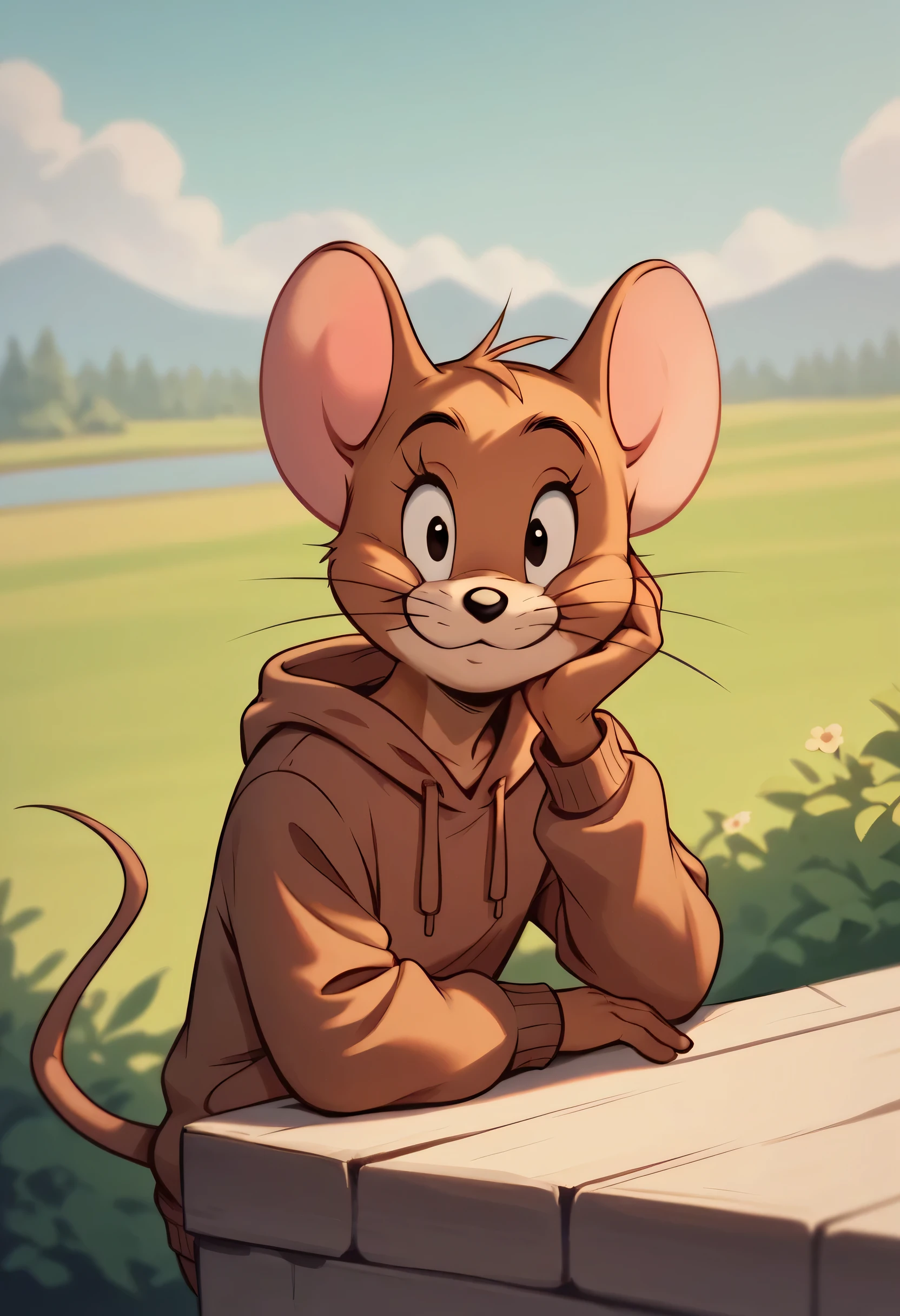 Fraction_9, Fraction_8, Fraction_9, rest, Jerry, mouse, Whiskers, mouse ears, mouse tail, outdoor, Lovely,Brown hoodie