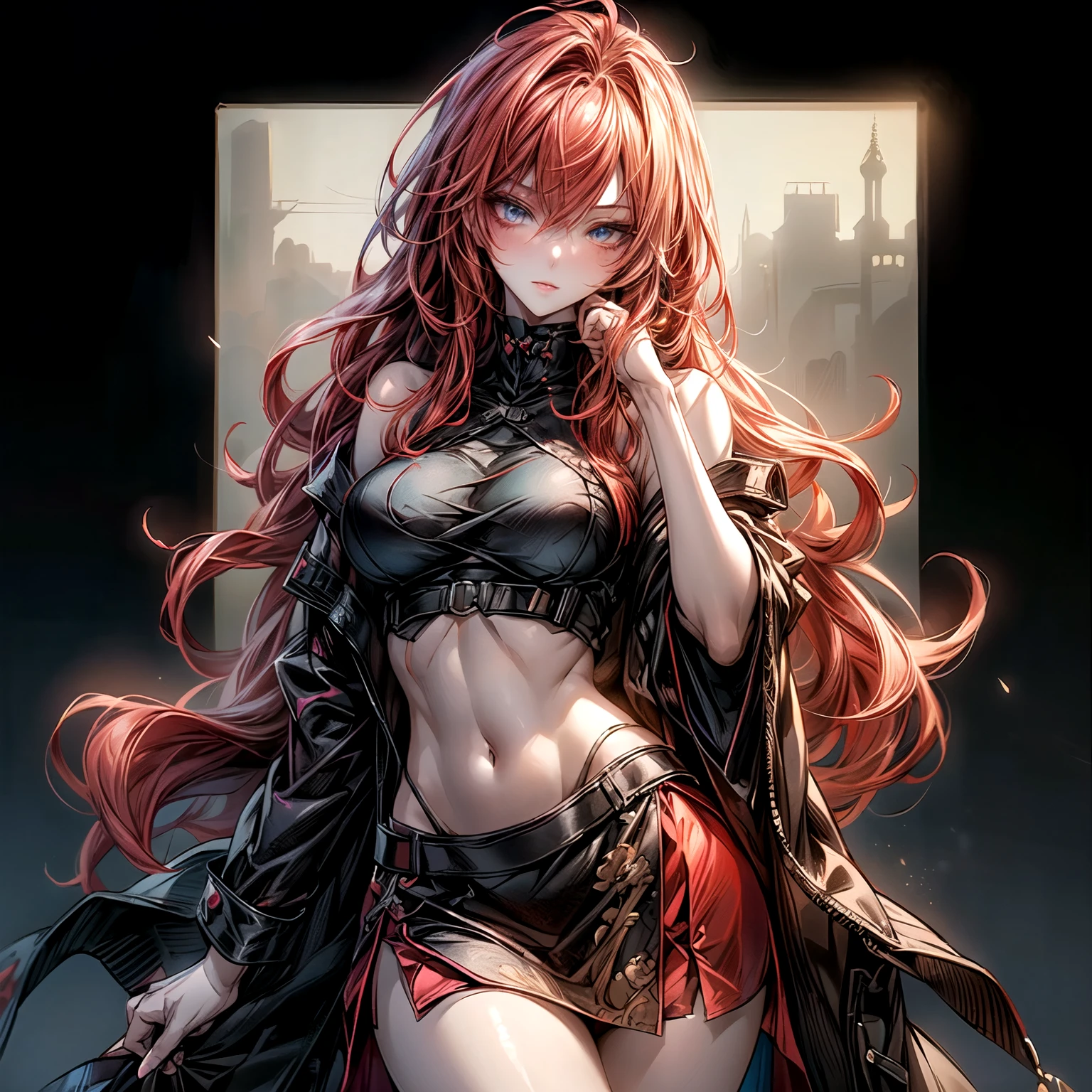 (masterpiece, best quality, 1 girl, solo, intricate details, chromatic aberration), realistic, ((medium breath)),long hair, red hair, red decoration on the head, pink highlights, amber eyes, earrings, sharp eyes, necklace, neon shirt, ripped shorts, unbuttoned jacket, turtleneck, night, against the wall, brick wall, graffiti, dim lighting, alley, look at the viewer