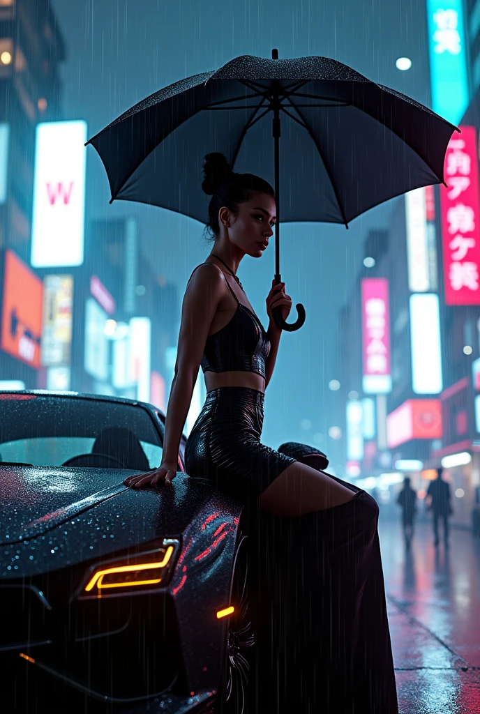 8k, Realistic Skin Texture, Realistic Photo, Neo Tokyo, slim women, large-breast:1.3 cleavage:1.2, AD2050 at night, Dirty hunting jacket, Wearing tube top, miniskirt, (((black sunglasses, automatic rifle, sneakers, cold, shooting pose, very low angle view))), Innovative composition, revenge, cyberpunk, blade runner worldview, Large neon sign, Geisha hologram sign, Strong Wakamoto Sign.