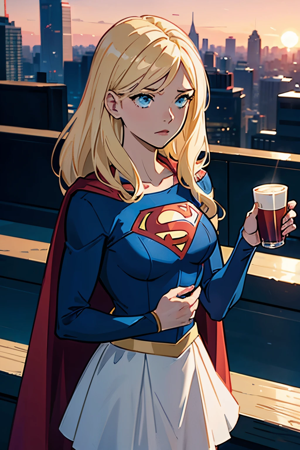 Create an image featuring Supergirl from DC Comics in place of the original character. Supergirl should be standing against the backdrop of a city skyline during sunset or sunrise, with the sky filled with hues of pink, blue, and orange clouds reflecting the light. Supergirl is to be depicted wearing her iconic costume with red cape and 'S' emblem on her chest while holding a white cup in her hands. Her blonde hair should be styled similarly to how it's often depicted in the comics, and she should have a contemplative expression on her face as she looks out over the city. Additionally, Supergirl should be wearing a black sweater.