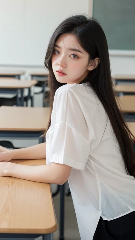 A woman in a white shirt and a black suit is standing behind a desk in a classroom。, Place your hands on the desk、Leaning forward. She has a seductive look on her face, She opened her mouth a little, There&#39;s a seductive look in her eyes.