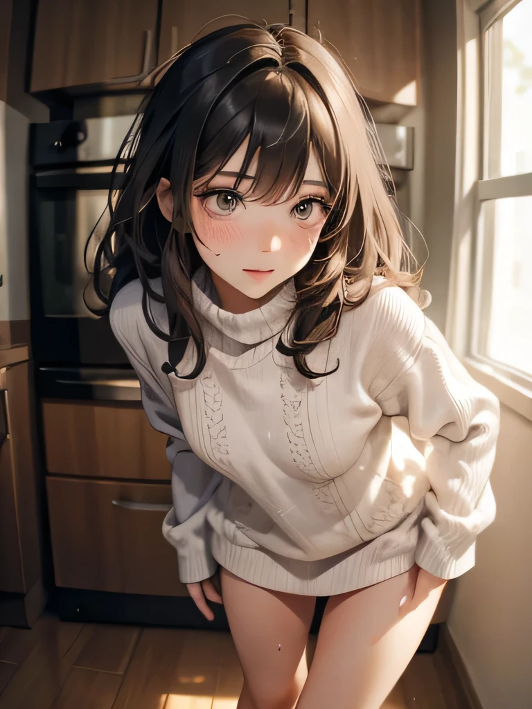 ultra-detailed、(8k, RAW photo, best quality, masterpiece:1.2), (extremely detailed 8k wallpaper),professional lighting,sharp focus, depth of field,((beautiful 1 women)),((A loose, oversized sweater、Panties on thighs)),(((Parted bangs、Show your amount))),((fluffy short bob、semi long hair、curly hair))、(Beautiful Eyes),(((painful、blush、orgasm)))、(((Take off your panties)))、(kitchen)、((Sweating))