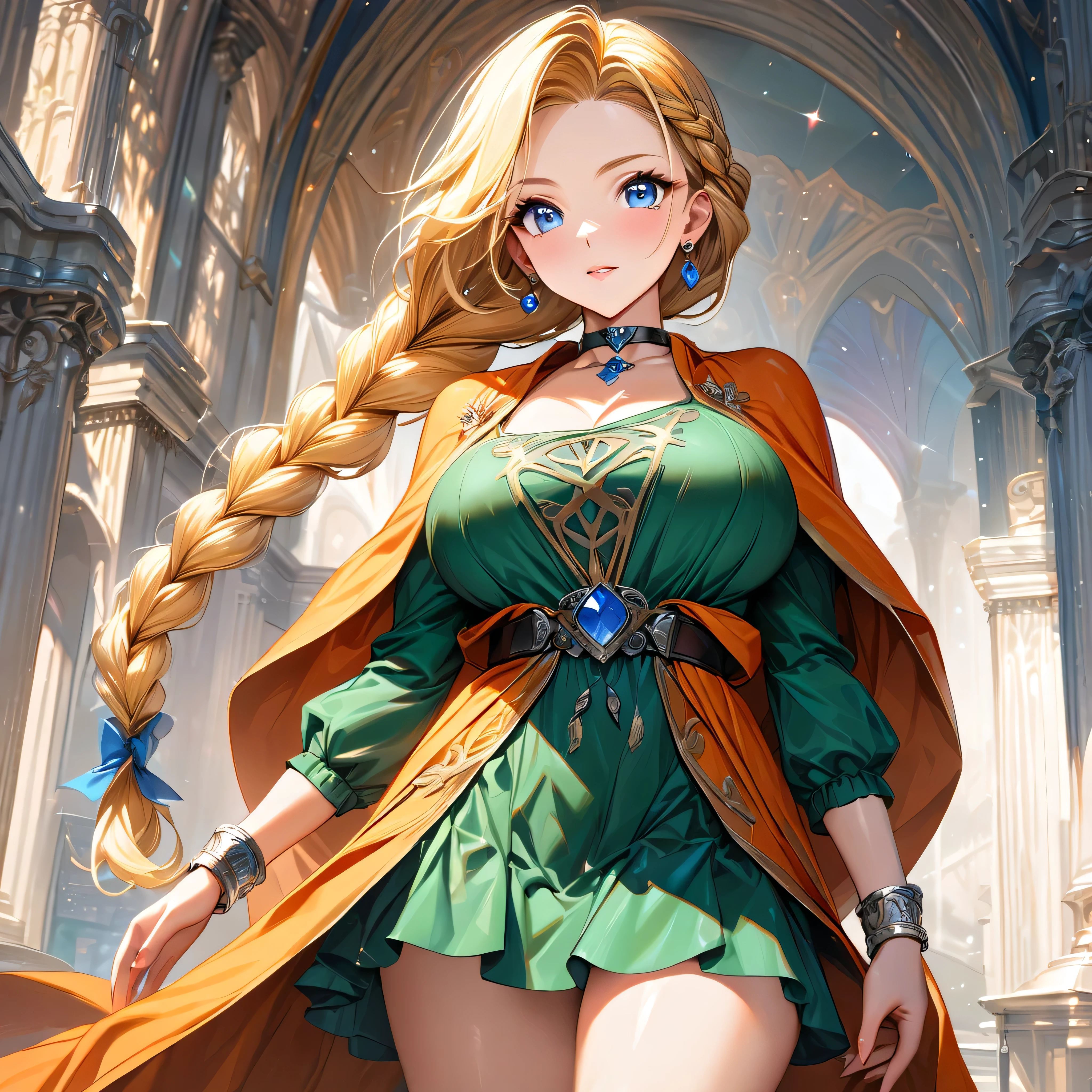 bianca \(dq5\),Blonde hair, earrings, choker, orange cape, green dress, bracelet, belt, boots, one braid, 7:3 parted hair, braided hair, blue eyes,8k,beautiful,best quality,detailed,exquisite,extremely detailedfinely detailed,high quality,insanely detailed,masterpiece,ultra detailed,ultra highres,ultra quality,big breasts,