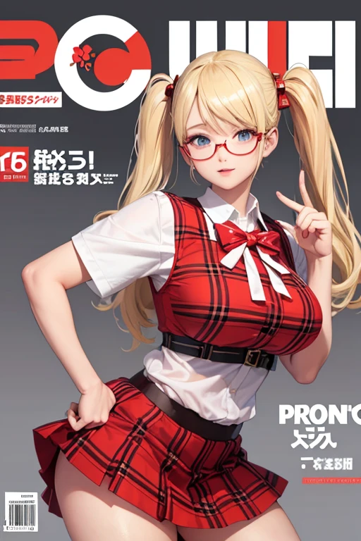 magazine cover, blonde, pigtails, big breasts, sexy pose, white Indonesia high School uniform shirt, red plaid skirt, glasses