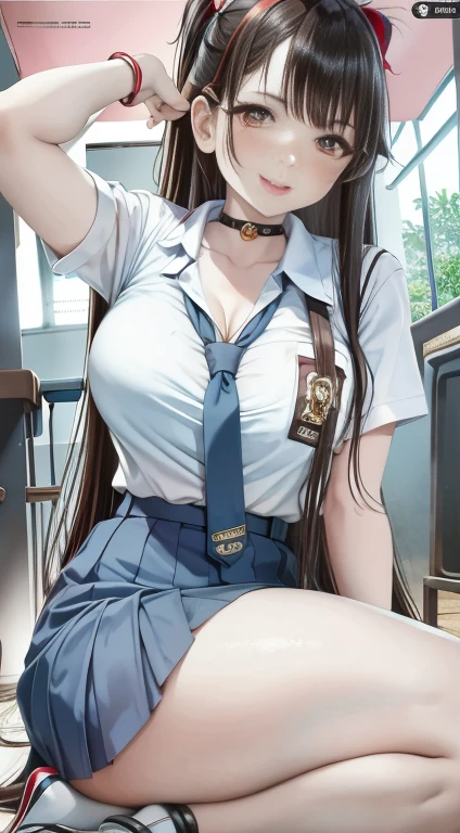 masterpiece, best quality, full body, 1girl, bangs, black choker, black necktie, blonde hair, blue skirt, blush, bracelet, breasts, choker, clothes around waist, collarbone, collared shirt, cowboy shot, dress shirt, ear piercing, eyebrows visible through hair, gradient hair, grin, gyaru, jewelry, kogal, long hair, looking at viewer, loose necktie, necktie, piercing, plaid, plaid skirt, pleated skirt, red eyes, ring, school uniform, shirt, skirt, smile, solo, white shirt, street, sky, cherry blossoms, petals,illustration, (magazine:1.3), (cover-style:1.3), fashionable, woman, vibrant, outfit, posing, front, colorful, dynamic, background, elements, confident, expression, holding, statement, accessory, majestic, coiled, around, touch, scene, text, cover, bold, attention-grabbing, title, stylish, font, catchy, headline, larger, striking, modern, trendy, focus, fashion,