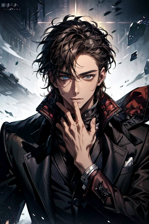 (masterpiece、Best Quality、Beautiful illustrations)、(Beautiful Men、Handsome、solo)、Face close-up、Moderate exposure、Satisfied、Standing man、Beautiful Eyes、Brown Skin、Black coat、assassin、Blood Wave、Dynamic