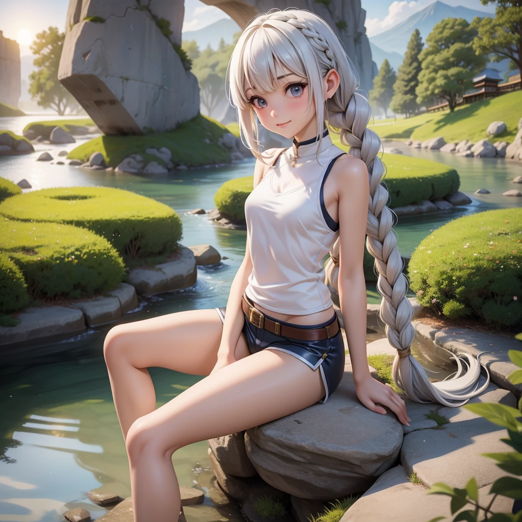 ((masterpiece)), (high quality), ((full body)), a girl with platinum hair, curly hair, double braids, seductive expression, very short t-shirt, white translucent t-shirt, t-shirt without prints, wet t-shirt, translucent fabric, part of visible underside of the breast, noticeable nipples, visible belly, very short black miniskirt, open on the side. one knee up, standing, arms wide open, hands above the head. leaning against the wall.