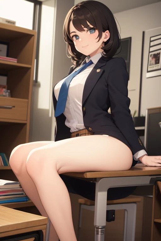 One girl, Five Fingers, mini skirt, Looking down at the viewer, Twin tails, highest quality, Focus on the thighs, Dynamic pose, smile, blazer, blouse, Black Pantyhose, panties under pantyhose, Standing Split, classroom, Black Hair, Stylish pose,Thick thighs、My crotch is steamy 