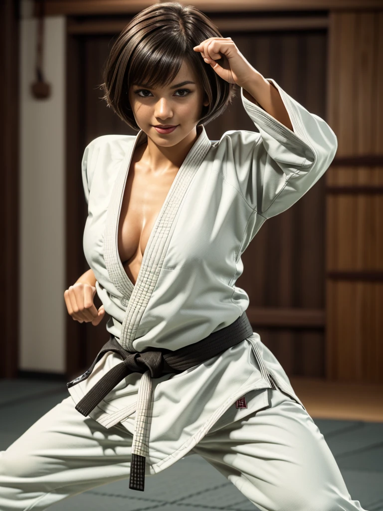 Isabela Merced, dojo mat scene, indoors, , detailed face, dark red lipstick, bob_cut hair, smiling seductively, (skin texture:1.1), (high detail face:1.1),high detail body, high detail clothes, (masterpiece), (realistic), ultra high definition, 4k, ultra high resolution, cinematic lighting,, medium very flat sagging natural breasts, hanging low breasts, (((large dark areola and big nipples which can be slightly seen inside loose karate gi))), (((wearing a karate uniform gi))) karat gi that is very open chest, karate gi pants in white, no bra or panties, no underwear, dark areola can be seen next to karate uniform, ,one 20 year old female, dark tanned skin, low camera angle with knees in view, smile with teeth, eyes slightly squinting, thin thighs, skinny body, narrow ass, , (((bending over stretching ))),