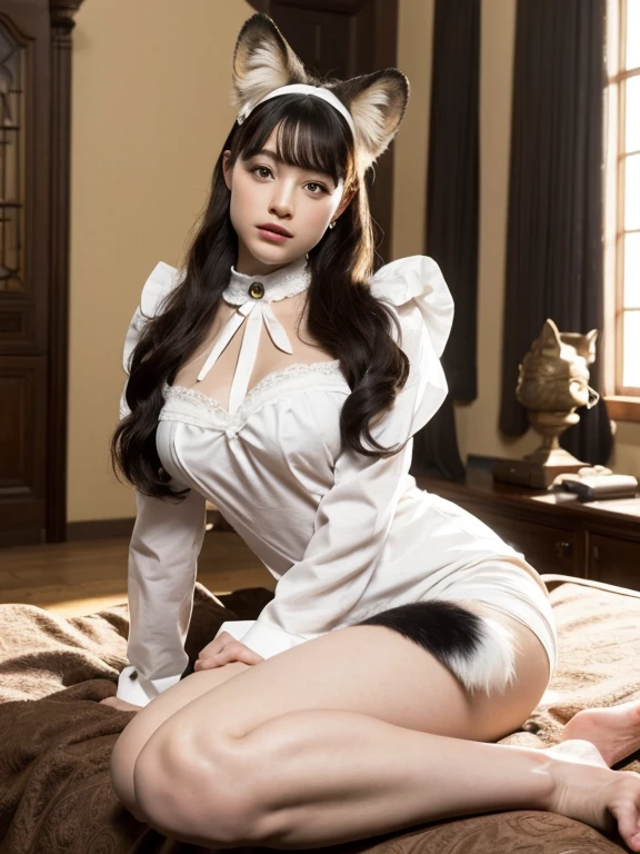 ((Highest quality)), ((masterpiece)), (Familiar), Perfect Face, fox lady, Pretty girl, Fox Ears, Fox tail, She has a northern fox tail, She wags her fluffy tail, fur collar, Beautiful hip line, Big , Thick thighs, A big tail growing out from under the skirt, Nice body, On all fours , Shyly staring at his tail, Only one tail, troubled face