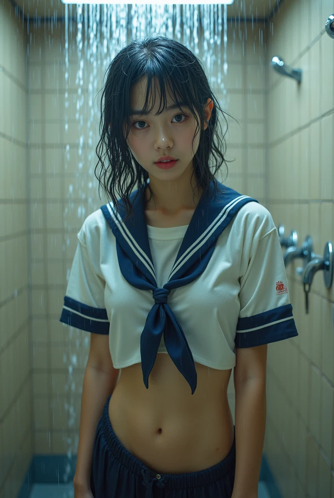 A young busty woman wearing a sailor suit is sitting。The woman is staring somewhere。A dimly lit private room at a soapland with a bed and bathtub。There are many bath towels and containers on the shelf.。There is a clock and a tissue box on the bed.。
