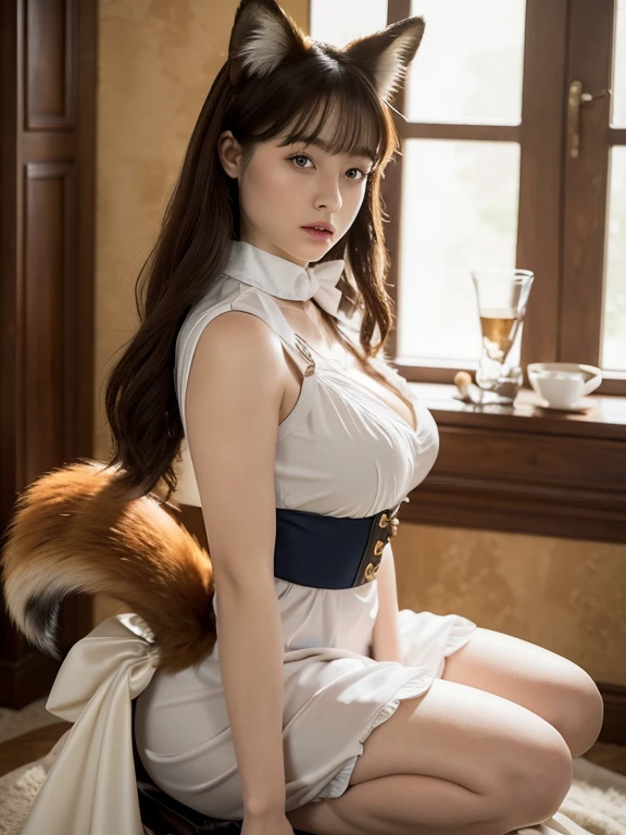 ((highest quality, 8k)), ((masterpiece)), (Get used to it), Perfect Face, Fox Woman, Beautiful woman, public, There is a tail, She has a thick and long tail, She has a dog's tail, she wags her tail, smile, collar with bell, She wears a maid outfit, Beautiful Hips, big breasts , Big tail, tail, Walking on all fours