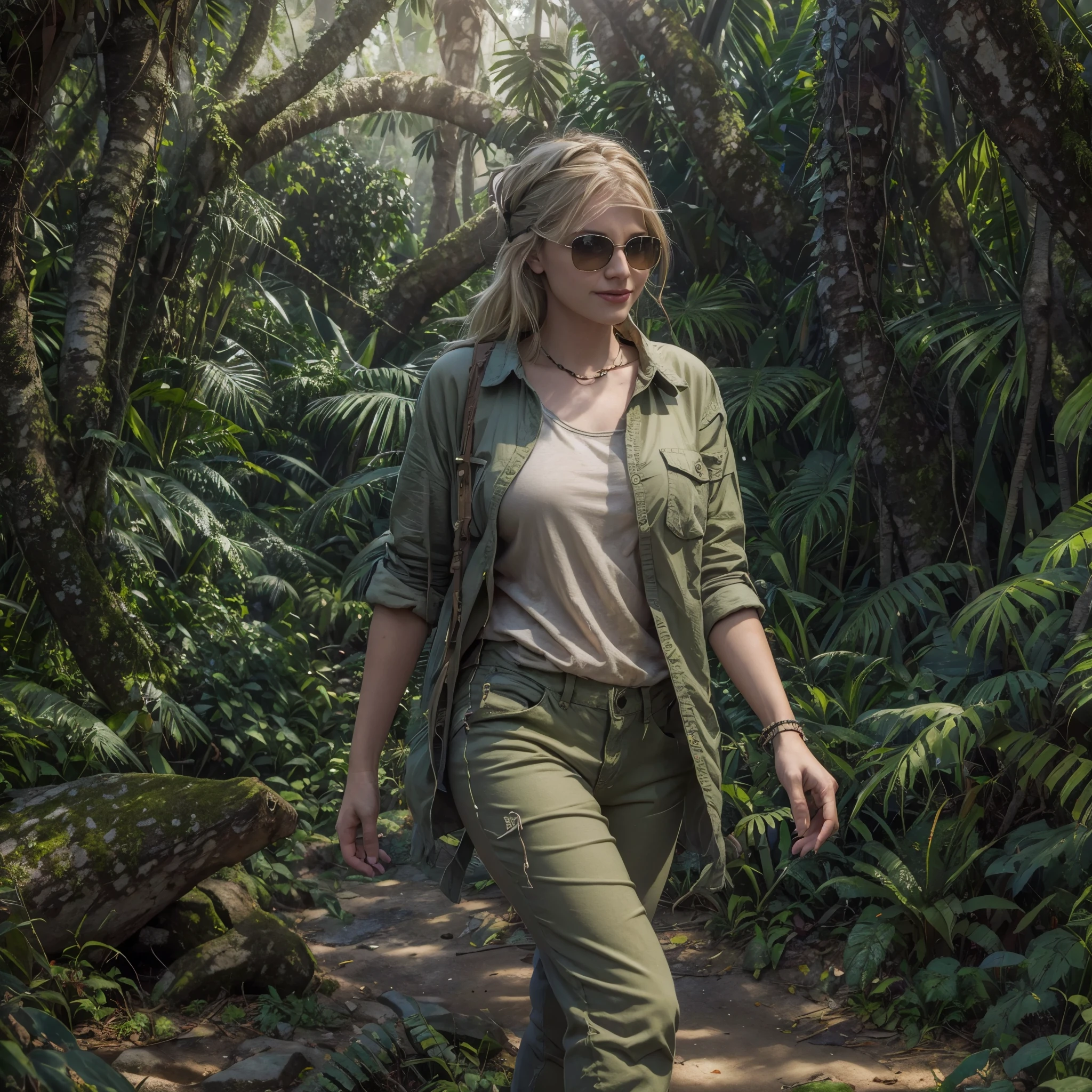  ((Best quality)), ((masterpiece)), ((realistic)), ((Girl walking in jungle)), looking tired, wearing Loose-fitting clothing Long-sleeved shirts and pants, Headgear, Sunglasses, very beautiful, in a natural and casual style on eye level, scenic, masterpiece, (highres), original, extremely detailed 8K , (photorealistic:1.4),flawless face, perfect eyes,symmetrica body shape,smile, liz.ashley