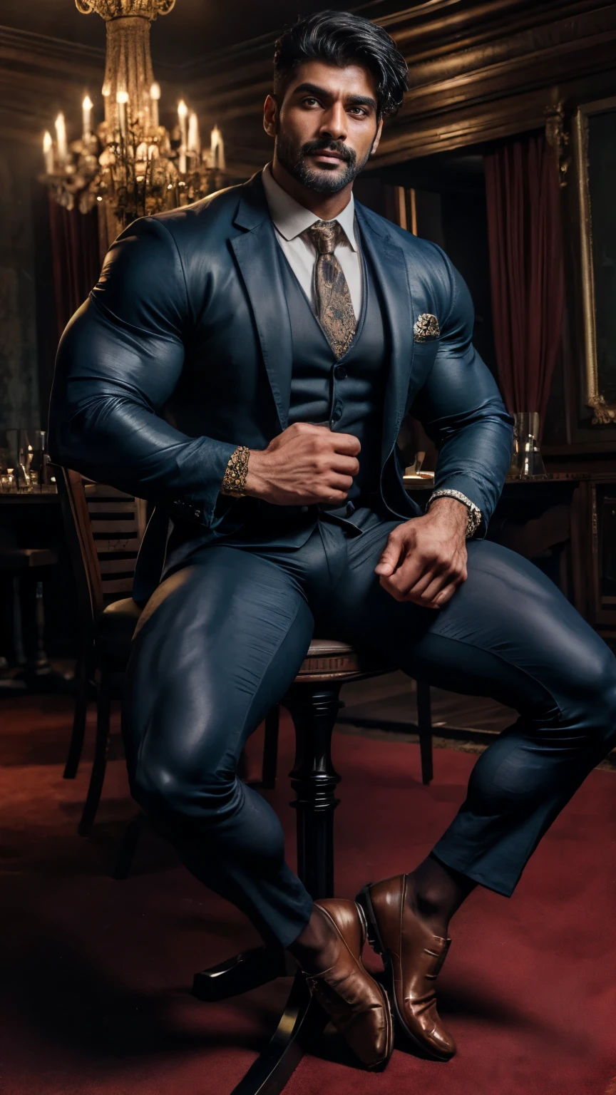 Muscular man in a latex three piece suit