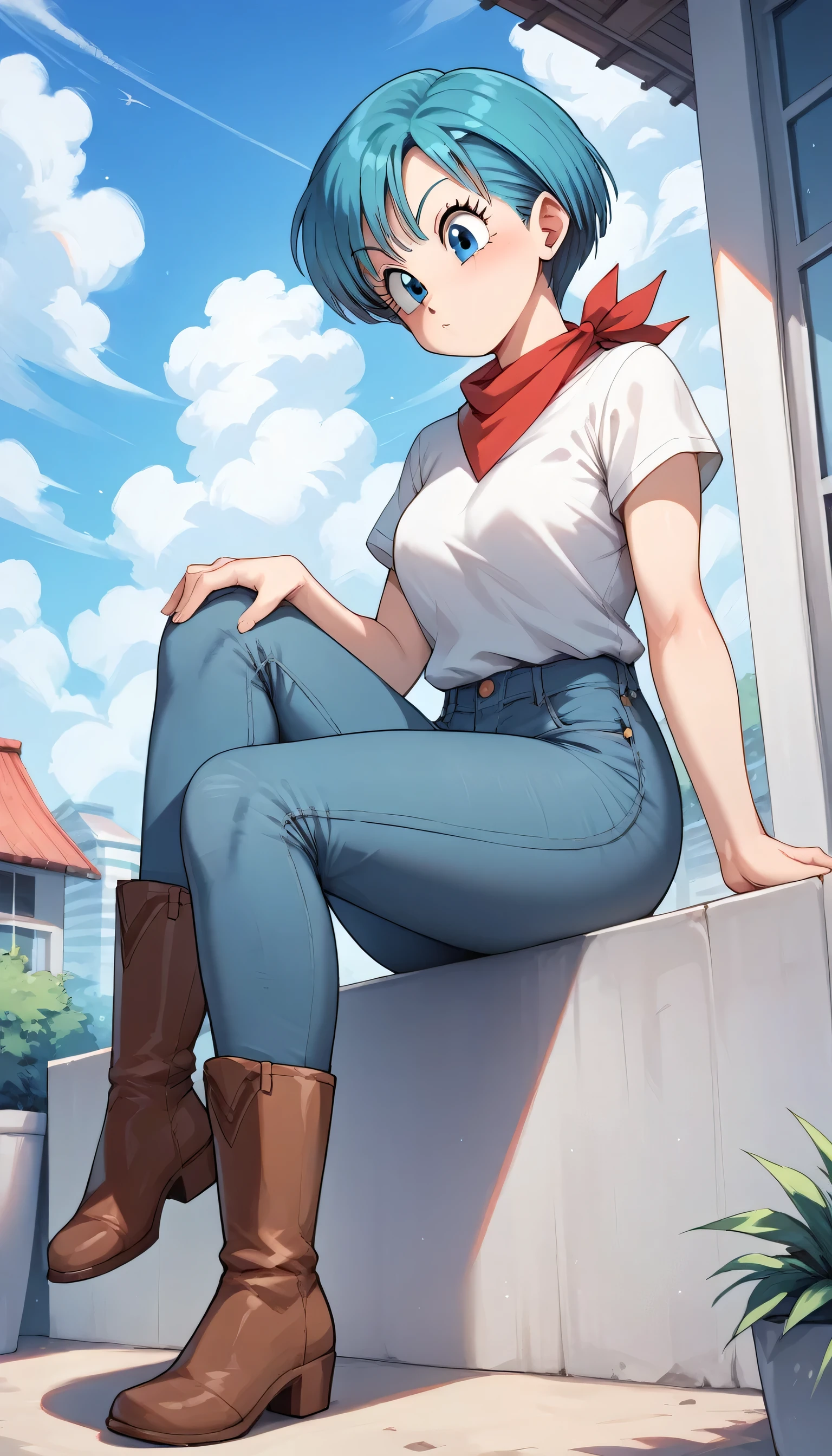 Original style, Bulma, short hair, blue eyes, blue hair, White short-sleeved shirt, jeans, red kerchief around the neck, cowboy boots, (score_9,score_8_up,score_7_up), source_anime,best quality,masterpiece,anime, __PROMPT__ ,