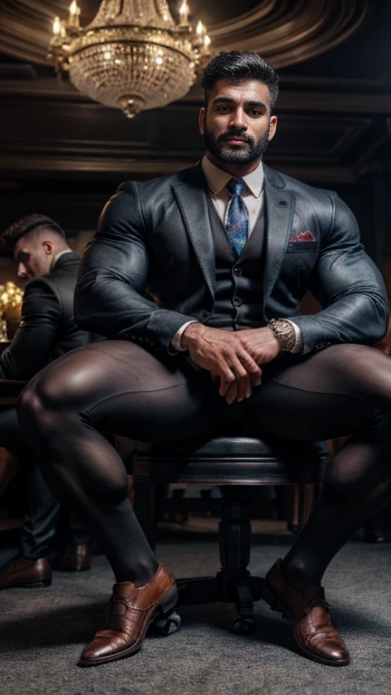 Full body view, Handsome tall indian daddy in suit, black gloves in hand, formal shoes, socks, handlebar mustache muscular hunk, sitting on chair in crowded party hall with spreadlegs, masterpiece, hd, HDR, depth of field, hd, hdr, D750F nikon camera photography, sharpness, detailed picture, masterpiece, seductive, erotic, exotic moments