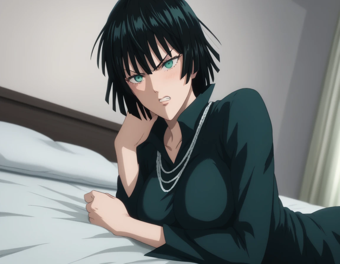 score_9, score_8_up, score_7_up, sauce_anime, ambient light,                                                                                                                                                                             
fubuki, fubuki \(one-punch man\), tall girl, 1 girl ,black hair,  deep green eyes, short hair,,, furrowed brow , grimace, ((wince)), (frown), close up face:0.2,                       
nsfw, (show off breast), navel ,, undress dress, black dress , high collar, jewelry, necklace, , taut clothes, taut dress, ,, (in lace panties), thigs,                                                                                                                                                                                                                               indoors,, bed ,realistic bed room, ((on side)),                                                                                                                                                    
cowboy shot,, looking at viewer, solo, dutch angle, blush,, , ((clenched teeth)), (saliva),, large breasts