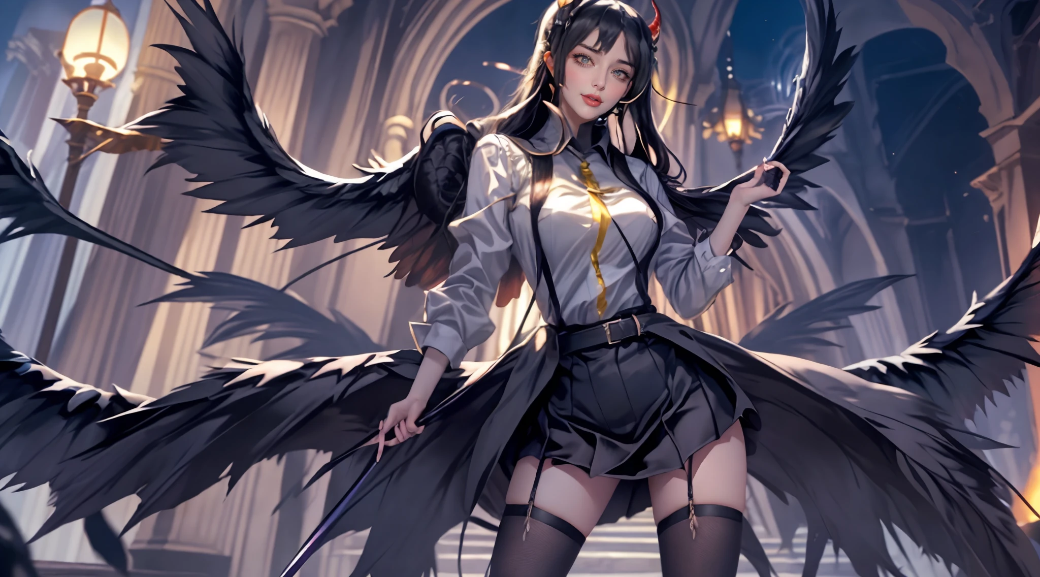 masterpiece, best quality, dnfredeemer, black dress, black wings, large breasts, shiny skin, cross, white coat, black thighhighs, black gloves, high heel boots, looking at viewer, furrowed brow, smile, castle, throne, sitting <lora:redeemer-nvwls-v2-000010:0.9>