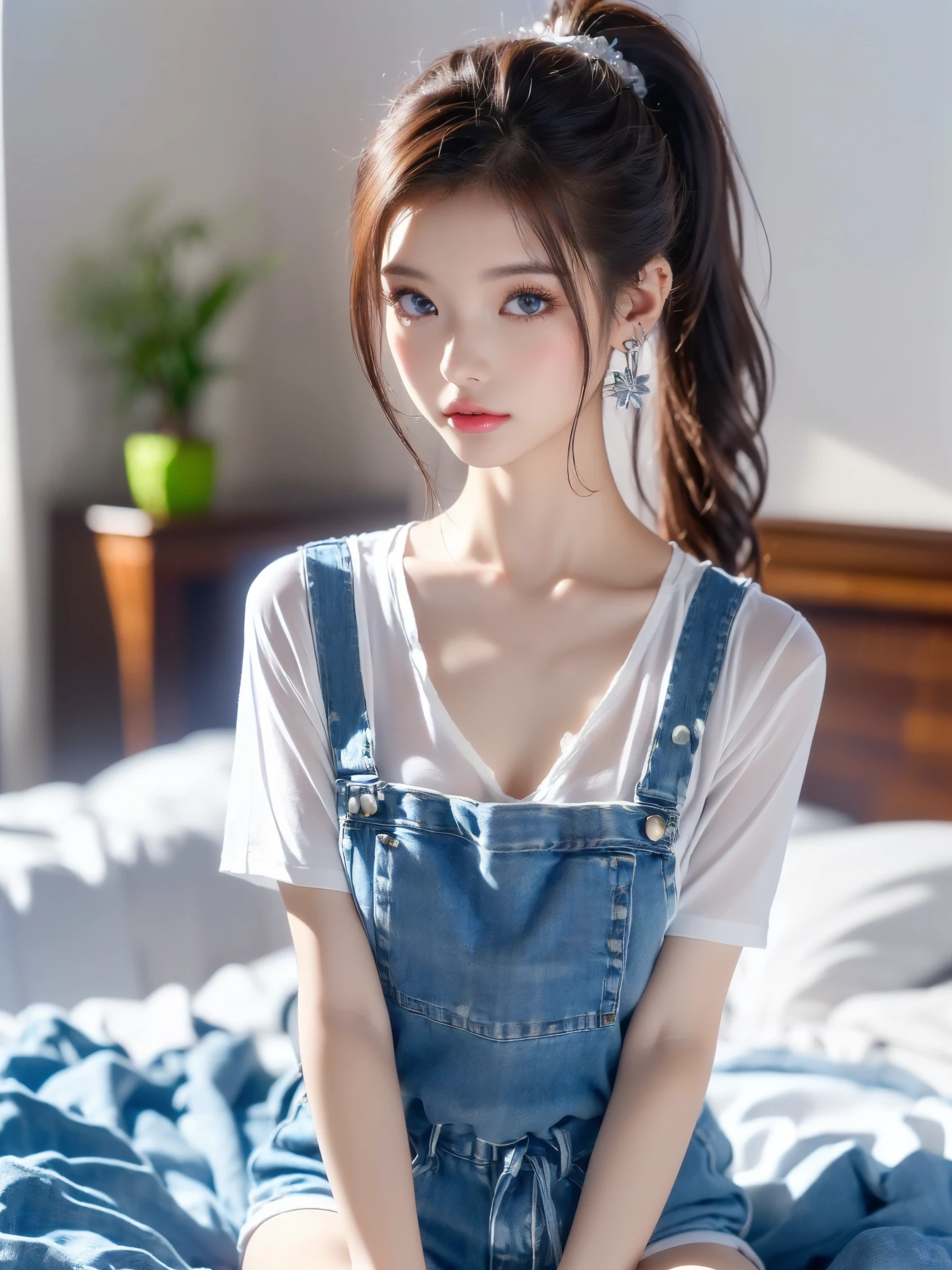 One girl, seen from the thighs up、Real17歳女性、cute、((Small breasts))、(((Long white hair)))、((Completely naked))、((One nipple,completely naked no clo薄いgs under overalls:1.2)) And a very slim figure,,,,,、Very thin leganicules、Earrings、Pink Lip、choker、Real、Sexual、Highest quality、Detailed face、Detailed Background、Depth of written boundary、whole body viewing angle、Get on your knees and sit on the couch、Sexual、alone、night,Highest quality、High resolution、超High resolution(Real:1.4)Detailed eyes、Gradation、Perfect anatomical figure、Woman with perfect body、Highly detailed skin、非常にDetailed face、Beautiful eyes in every detail、Background Blur