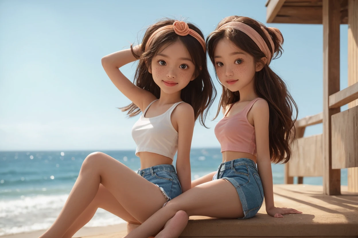 Small breasts、Earrings、necklace、Beautiful glowing white skin,、 bright, Refreshing and gentle look, Perfect beautiful pretty face, Shiny, straight, long hair down to the waist, Beautiful shiny bangs, ((Very beautiful and beautiful4Year old girl)), eyeliner, so perfect and beautiful, Big clear sky blue eyes, bright eye highlights、Baby Face、Cute smile、Long eyelashes、Wearing shorts、Low waist、Ocean、Playing in the waves、Have a bold pose、Being at the edge of the waves、Looking down on a young girl from above、