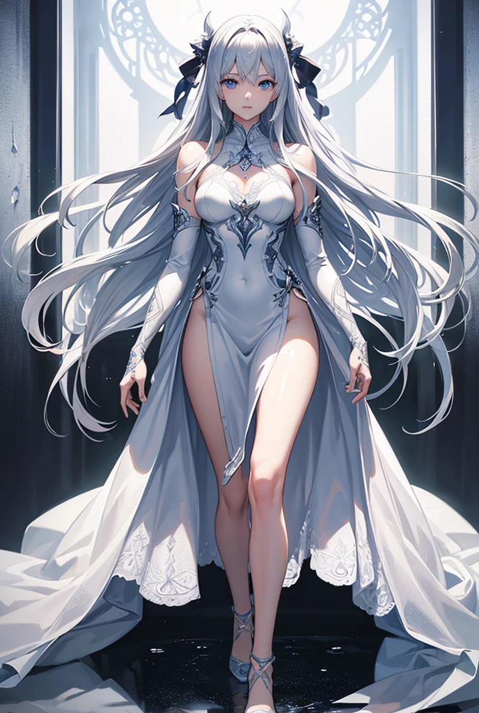 Extremely long white hair, purple eyes, dreamiest female figure, gorgeous girl. Gorgeous white mermaid fit and flare strapless wedding dress, with beautiful lace details with a matching long vail.