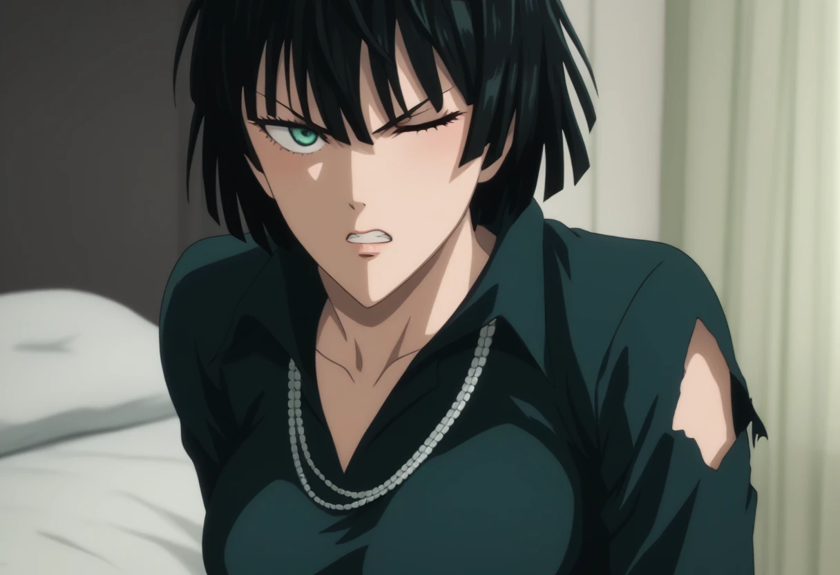 score_9, score_8_up, score_7_up, sauce_anime, ambient light,                                                                                                                                                                             
fubuki, fubuki \(one-punch man\), tall girl, 1 girl ,black hair,  deep green eyes, short hair,,, furrowed brow ,  wince, frown, close up face:0.2,                       
nsfw, (show off breast), navel ,, (undress dress black dress) , high collar, jewelry, necklace, , taut clothes, taut dress, ,, (detailed lace panties),                                                                                                                                                                                                                               indoors,, bed ,realistic bed room, (on side), side, (shackles),                                                                                                                                                   
cowboy shot,, looking at viewer, solo, dutch angle, blush,, , open mouth, saliva,, large breasts