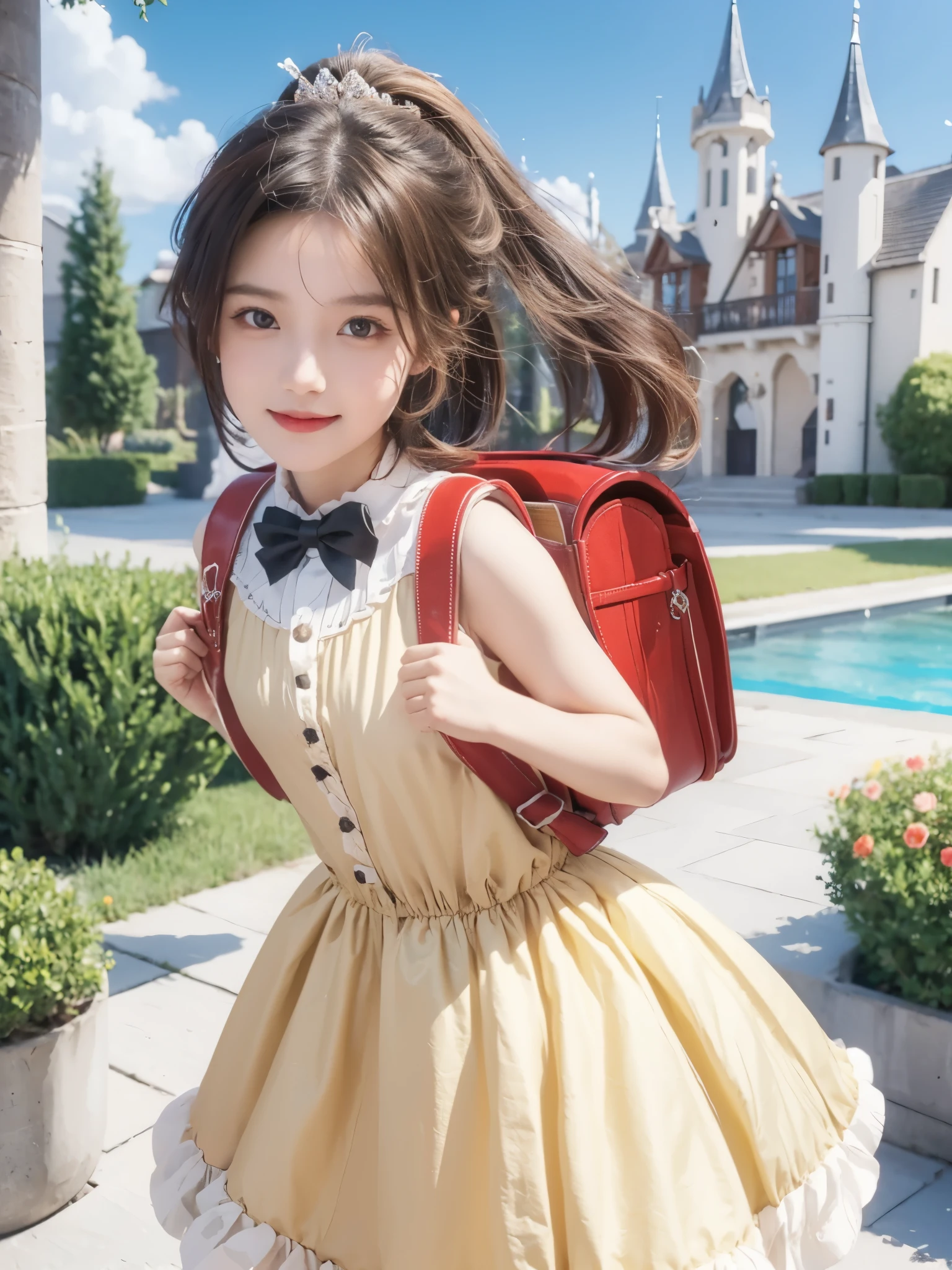 (highest quality、masterpiece、8K、best image quality、hyper realism、Award-winning work)、(solo:1.1)、(1 photo:1.1)、(Feminine and girly cute frilly lolita dress:1.2)、a teenager girl wearing a pink dress and a red backpack, bright white porcelain, 🎀 🪓 🧚, realistic cosplay, package cover, 🎀 🧟 🍓 🧚, korean mmorpg, ethnicity : japanese, historical baroque dress dark, ruffles, dressed a long white, youtube thumbnail, bag over the waist, long brown puffy curly hair, high school girl, (Perfect straight twin tails:1.2)、(low length:1.1)、(Height: 160cm:1.1)、small breasts、emphasize body line、slender body、Standing gracefull、Full body photo of a woman standing gracefully、accurate anatomy、perfect makeup、long eyelashes、glossy lips、Ultra high definition glossy skin、(Ultra-high definition bright and beautiful skin:1.1)、Ultra-high definition glossy lips、Super high definition beautiful teeth, wearing randoseru backpack, (backpack:1.2), Lolita dress, cute dress, outdoor, standing, city