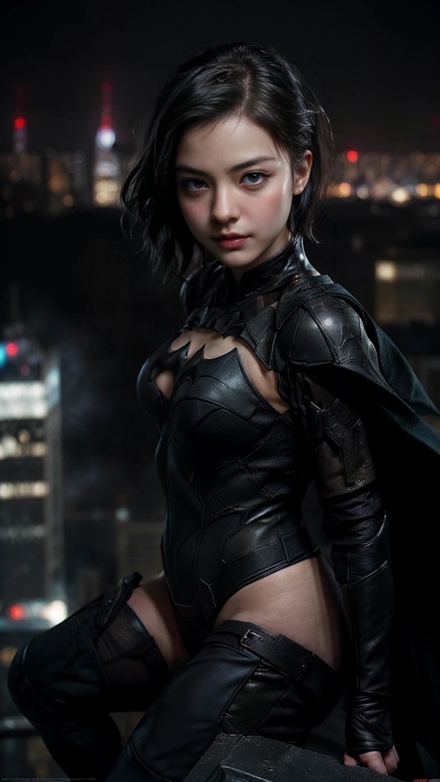 ((masterpiece, of the highest quality, High resolution, realist, be born, 8K Wallpaper)), (Standing in honor shooting),A threatening posture with the body in front of the camera., Very hot and sexy, extraordinary beauty, perfect balance, beautiful body, slim body beauty: 1.4), bat Man standing on a rooftop overlooking the city skyline at night, Gotham city city background, nighttime in Gotham city city, Gotham city city, From the movie bat Man, Gotham city city double exposure, Gotham city city style, bat Man film still, metropolis filmic Gotham city city, Cyberpunk bat Man, bat Man movie stills, bat Man movie still cinematic, Gotham city setting, bat Man, Gotham city,