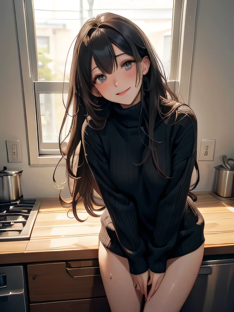 ultra-detailed、(8k, RAW photo, best quality, masterpiece:1.2), (extremely detailed 8k wallpaper),professional lighting,sharp focus, depth of field,((beautiful 1 women)),(((A loose, oversized sweater、Thighs))),(((Split bangs、Show your amount))),((semi long hair、curly hair))、(Beautiful Eyes),(((painful、blush、orgasm、Smiling sexy)))、(((slouch、Panty removal pose)))、(kitchen)、((Sweating))