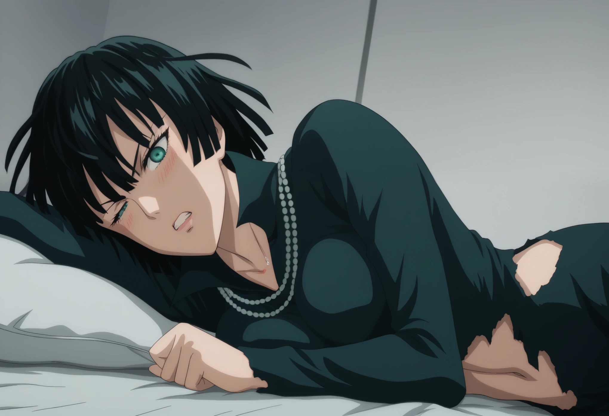 score_9, score_8_up, score_7_up, sauce_anime, ambient light,                                                                                                                                                                             
fubuki, fubuki \(one-punch man\), tall girl, 1 girl ,black hair,  deep green eyes, short hair,,, furrowed brow , wince, frown, close up face:0.2,                       
nsfw, (show off breast), navel ,, torn dress, black dress , high collar, jewelry, necklace, ,,, (in lace panties), ((thigs)),                                                                                                                                                                                                                               indoors,, bed ,realistic bed room, ((on side)),                                                                                                                                                    
cowboy shot,, looking at viewer, solo, dutch angle, blush,, , ((clenched teeth)), (saliva),, large breasts