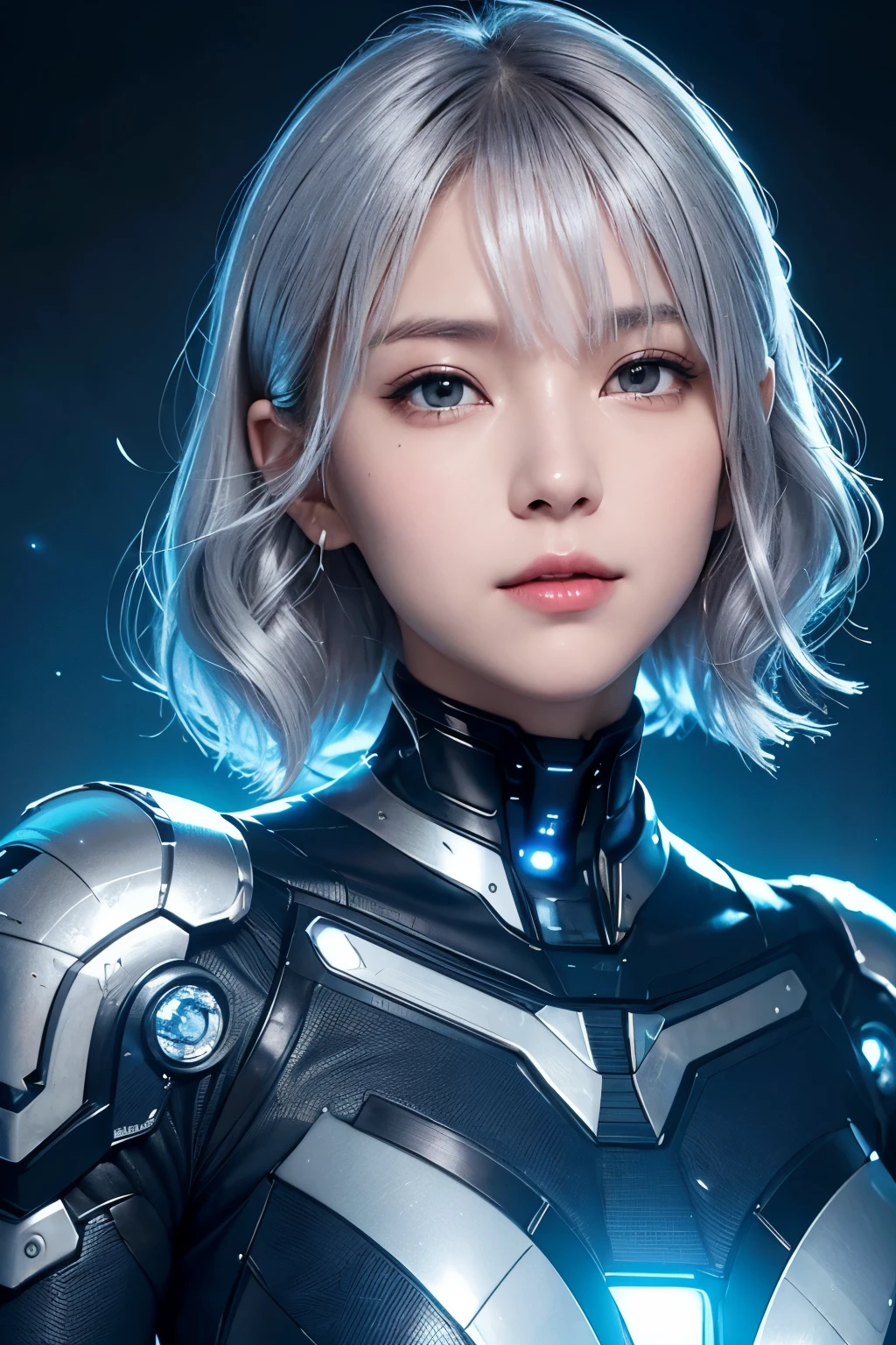 combining human and robotic elements. Detailed mechanical parts should be visible, portrait, ((Slightly dark, blonde-ish silver-gray short bob hair with gentle waves)), lonely smile, ((Very delicate, beautiful face and hazel eyes)), hyper-realistic, realistic skin texture, Small bust size, sharp focus, soft focus, sophisticated lighting like a movie, deep shadows, fantastic beauty, dramatic, elaborate and high-tech dark blue skin suit, small bio-fermented lights embedded in various places shine, realistic light and shadow, reflecting advanced technology. The background should have a sci-fi aesthetic, possibly with digital elements or futuristic cityscapes. Dark Taste, Dark City and Neon, futuristic city, skyscraper city,
