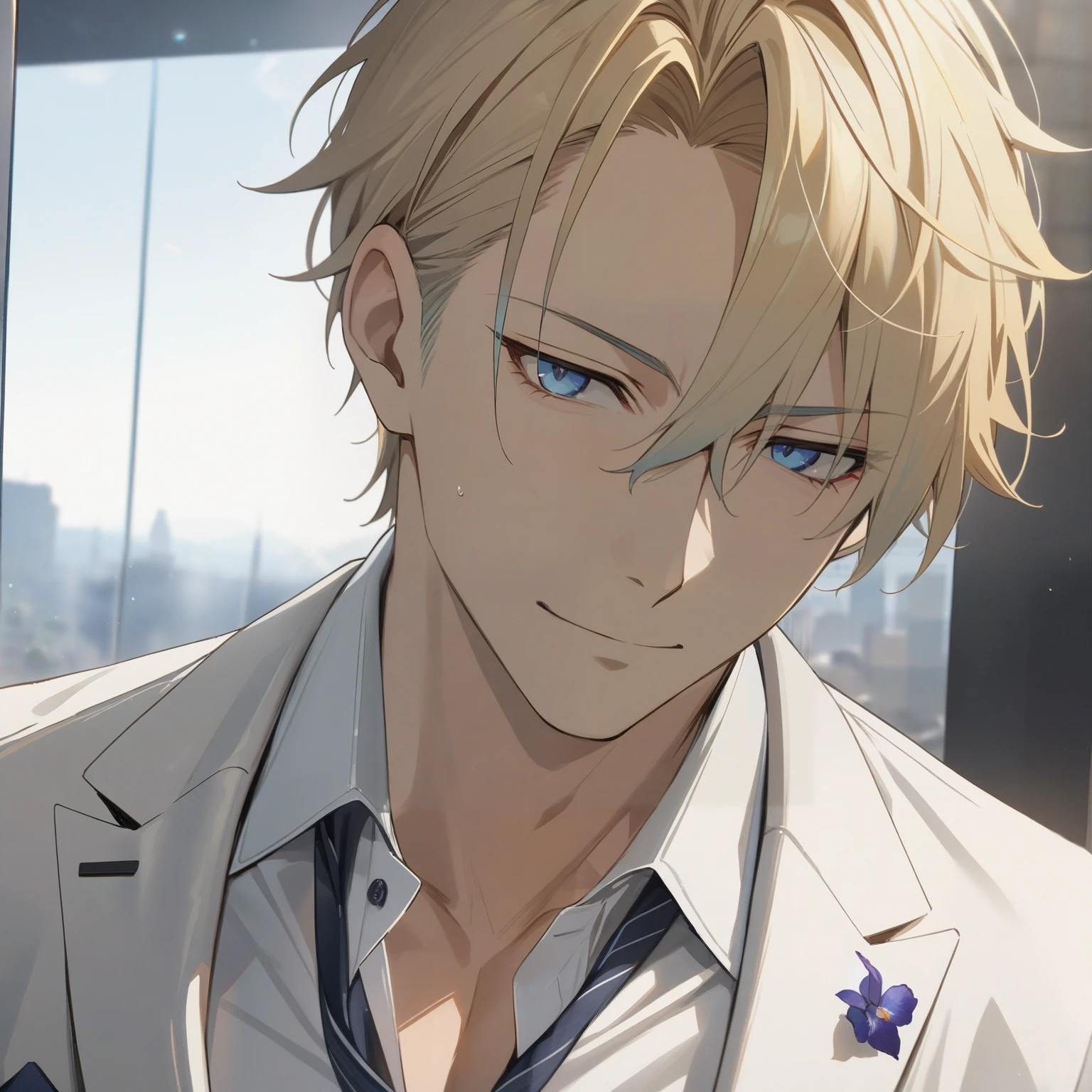 male, super detail, god,blond hair,icy eyes, handsome, solo,seductive,High Resolution, Short Hair, Best Quality, wearing suit, Masterpiece, square jaw, male focus,haughty,small smile,cool,flirt,buttoned up shirt,tie,white suit,narrow eyes, small iris,mature,masculine,yana toboso 