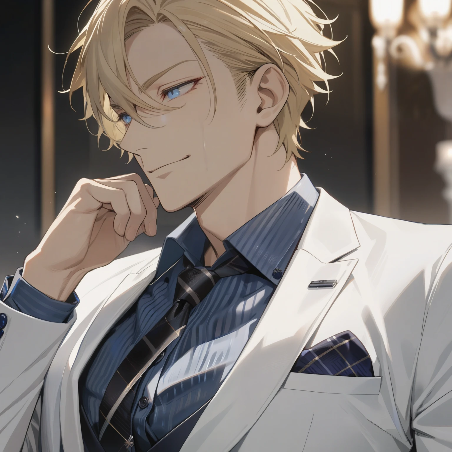 male, super detail, god,blond hair,icy eyes, handsome, solo,seductive,High Resolution, Short Hair, Best Quality, wearing suit, Masterpiece, square jaw, male focus,haughty,small smile,cool,flirt,buttoned up shirt,tie,white suit,narrow eyes, small iris,mature,masculine,yana toboso 