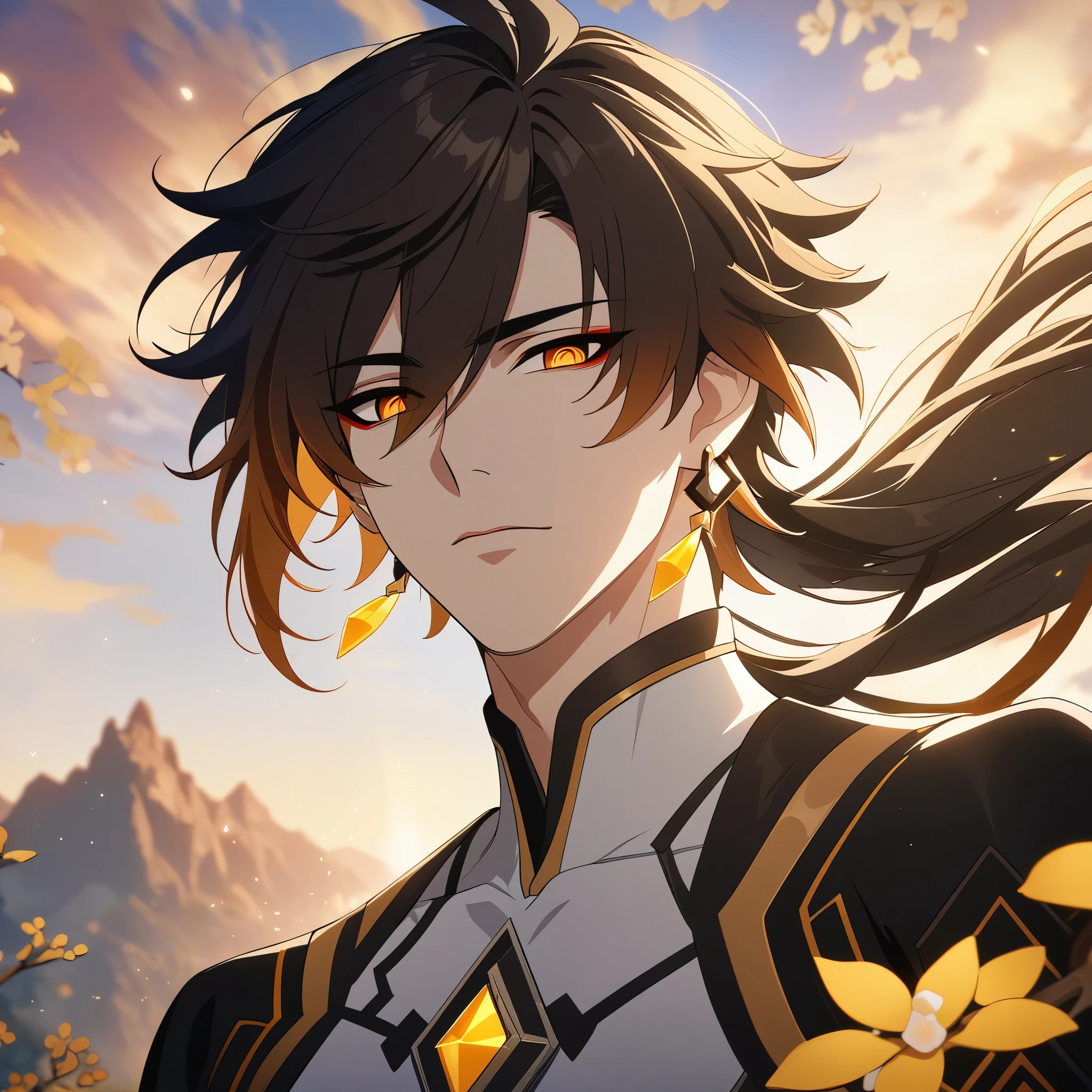 (best quality,4k,8k,highres,masterpiece:1.2),1boy, zhongli_/(archon/)_/(genshin_impact/),male focus,intricately detailed,realistic:.4,intense gold eyes,mature_male, narrow_waist,full body, by carnelian, cel shading, fantasy china background, liyue, mountains,look up at viewer, osmanthus flowers,male focus,solo,long hair,bangs,jewelry,earrings,ponytail,contemplative, thoughtful, calm, serene, red eyeliner, highly detailed eyes, volumetric lighting, sunset, golden illumination, wise and kind god,cinematic lighting, ray tracing, UHD, high details, high quality, award winning, super detail,vivid fantasy painting,hd color,seductive eyes,sexy eyes,narrowed eyes,lowered lashes,handsome man,small iris,honkai star rail character,godly,hot asian man,asian eyes,red eyeliner, guweiz