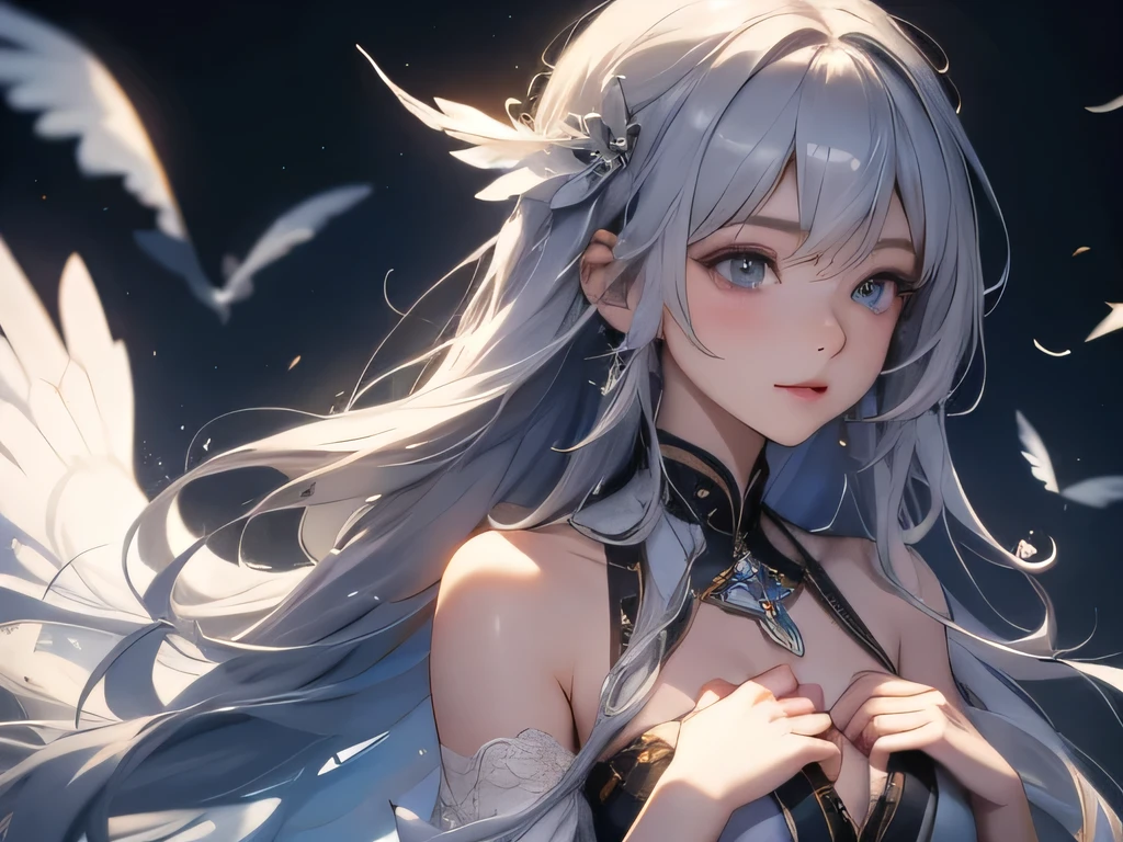 sfw,Detailed、Black Sky、(god々Shii、There is a halo around him、cathedral、Cross on background),Flying in the sky、((Beautiful Shii Angel))、((wing,Fluttering Feathers))、((Silver shiny hair、Very long hair、Hair flies up)),(Shoulder Bare、clavicle、White Dress)、((Beautiful Shii Hitomi)),(((wink))),Fine hair、((((Front shot、breast close up、Looking down at the viewer)))),(((7. Hold yourself with both hands and provoke))))、(Large Breasts、valley),(fan,orgasm)、((Smiling enchantingly、Mouth closed))