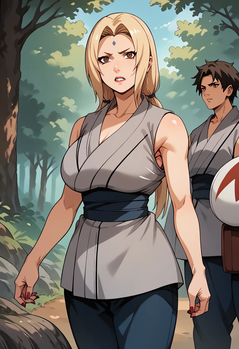 Score_9, Score_8_up, Score_7_up, break, Score_9, Choppio Tsunade, Blonde Hair, Long Hair, Low twin tails, Hair ties, Brown eyes, Forehead mark pink lipstick, mature female big breasts red nails, Costume_2, Grey kimono, Sleeveless kimono, collarbone blue belt, Blue trousers, Alone, One girl, Shot of a cowboy looking at the viewer, teeth, From behind, forest