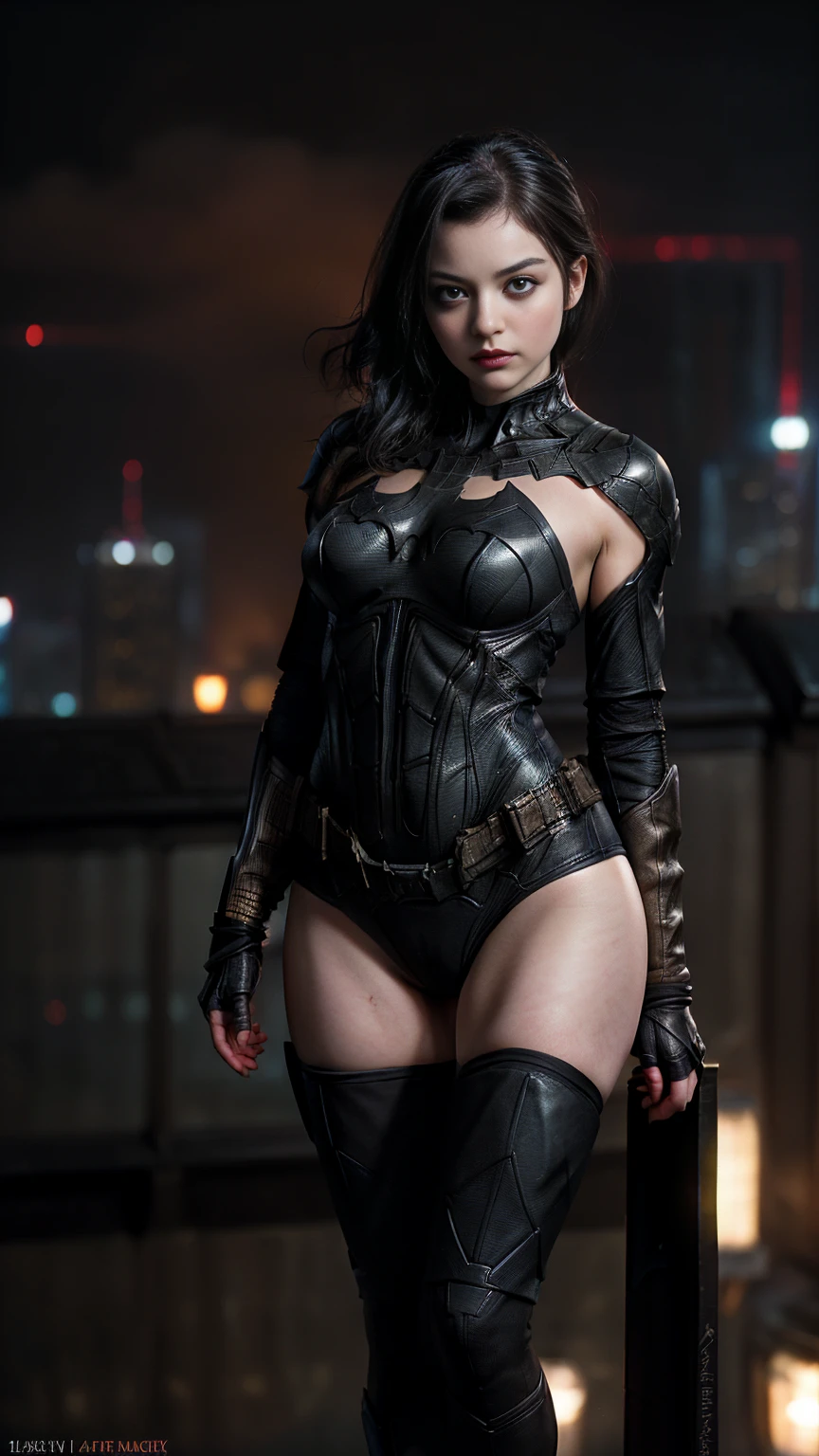((masterpiece, highest quality, High resolution, Realistic, to be born, 8k wallpaper)),standing in bikini style, (Standing in honor shot),A threatening posture with the body facing the camera, Very hot and sexy, Amazing beauty, Perfect balance, Beautiful body, Slim body beauty: 1.4), Batman standing on a rooftop overlooking the city skyline at night, Gotham city background, nighttime in Gotham city, Gotham city, From the movie Batman, Gotham city double exposure, Gotham city style, Batman film still, metropolis filmic Gotham city, Cyberpunk Batman, Batman movie stills, Batman movie still cinematic, Gotham setting, Batman, Gotham,