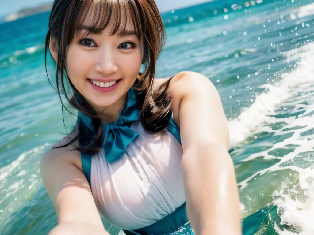 A woman is in the water on a surfboard, Accidentally taking a selfie, Beautiful woman taking a selfie of the beautiful nature of the sea, To the camera view,real photo 8k,Have idol-like charm,Create vibrant and dynamic poses for female voice actor images,She is full of confidence,Has the expressive power to captivate the audience,Her outfit is elegant and sophisticated,It incorporates pop elements like idols,Her pose is powerful,Lively,Creating visual excitement,The background is bright and sea,The design is intended to accentuate her charms,Her face is bright、The smile and pose are natural and flowing.Images are expected to be visually appealing and memorable