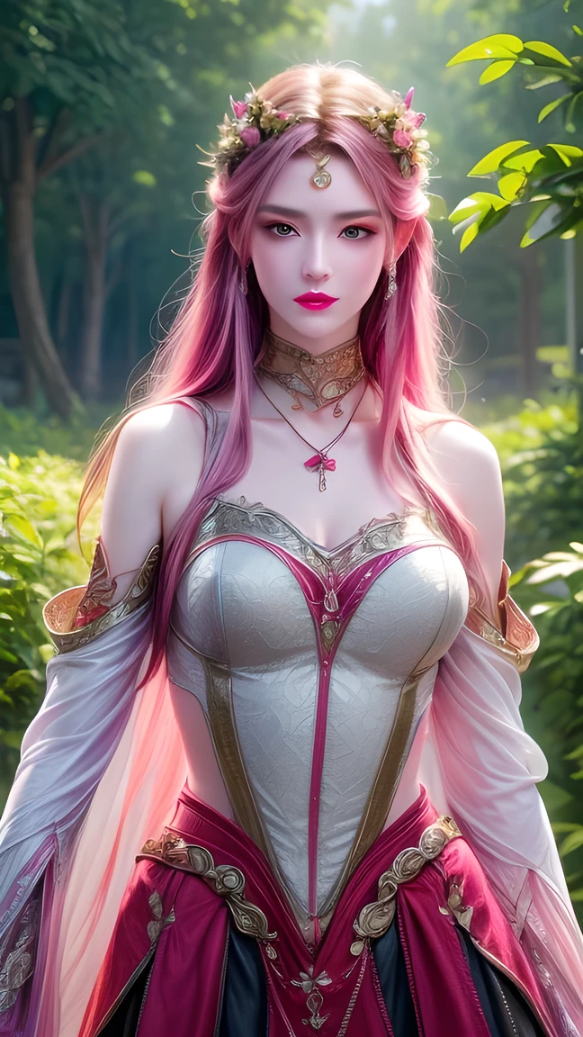 best quality, masterpiece, Big , (Large Breasts), Delicate skin texture, Detailed fabric texture, Delicate face, Super Detail, 8k, Intricate details, 1 Girl, 30 years old, High contrast, High resolution eyes, Pink Hair Goddess,Royal sister,Sexy。