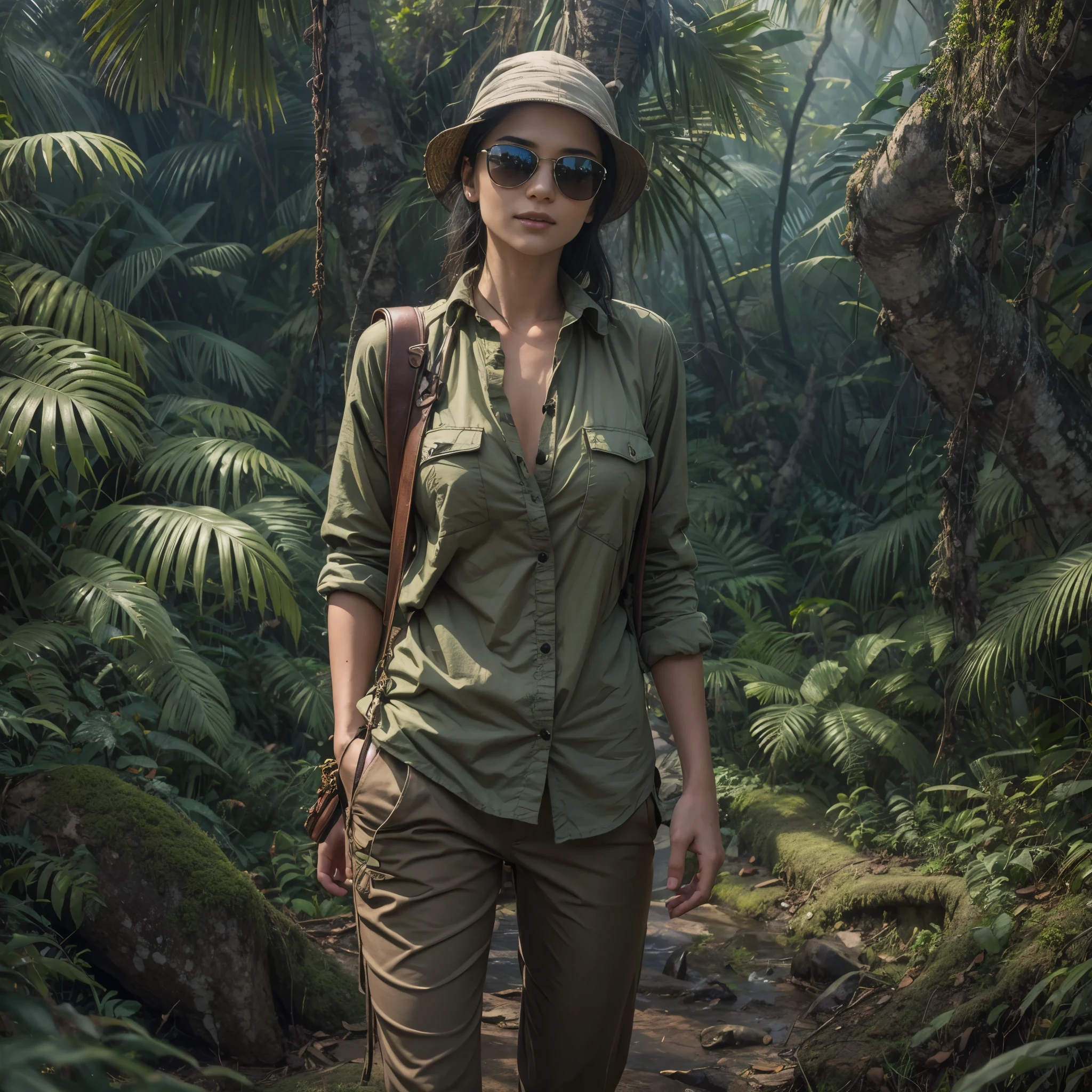 ((Best quality)), ((masterpiece)), ((realistic)), ((Girl walking in jungle)), looking tired, wearing Loose-fitting clothing Long-sleeved shirts and pants, Headgear, Sunglasses, very beautiful, in a natural and casual style on eye level, scenic, elevated view, sweat patches, damp clothing, sweaty and humid, (highres), original, extremely detailed 8K , (photorealistic:1.4),flawless face, perfect eyes,symmetrica body shape,smile, jenya.d