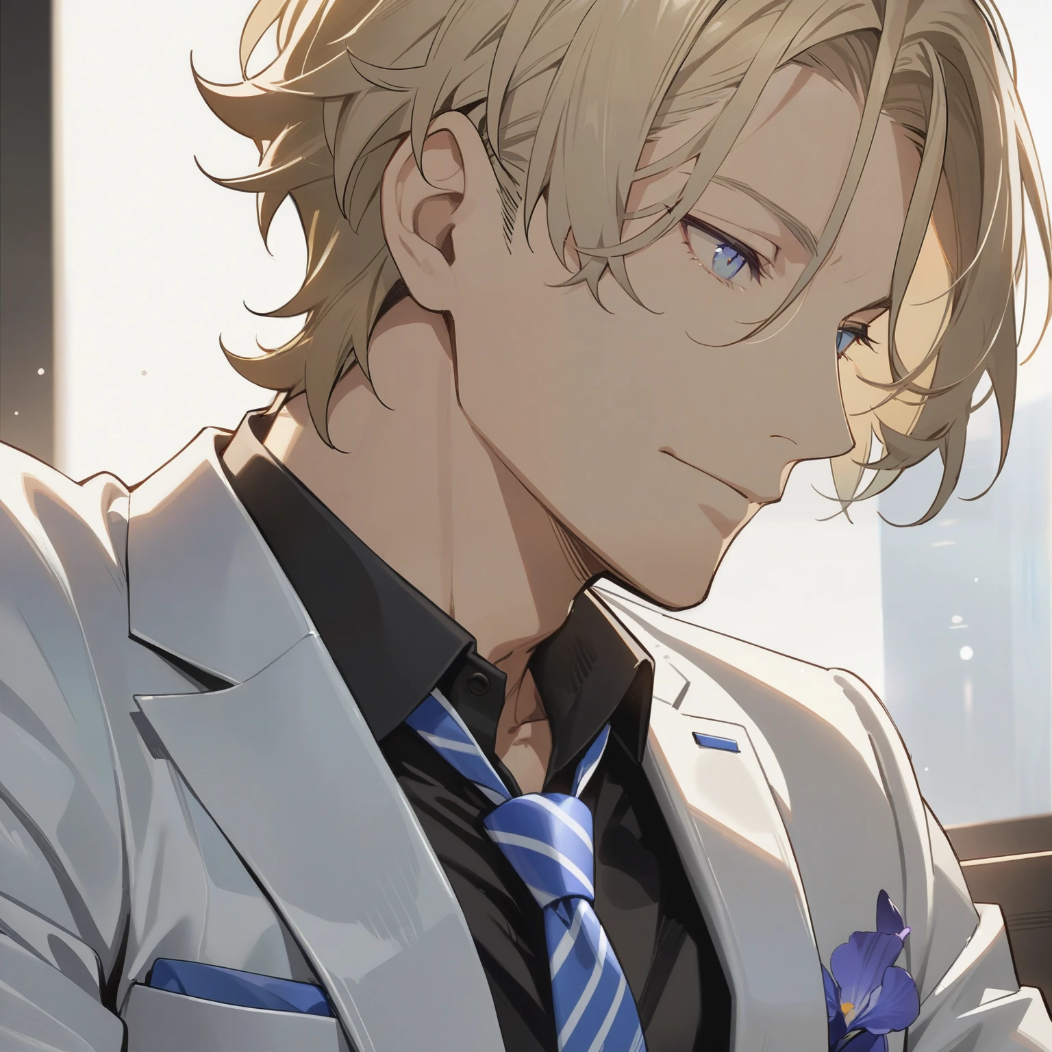 male, super detail, god,blond hair,icy eyes, handsome, solo,seductive,High Resolution, Short Hair, Best Quality, wearing suit, Masterpiece, square jaw, male focus,small smile,cool,flirt,buttoned up shirt,tie,white suit,tareme, small iris,mature,masculine,yana toboso,wavy hair