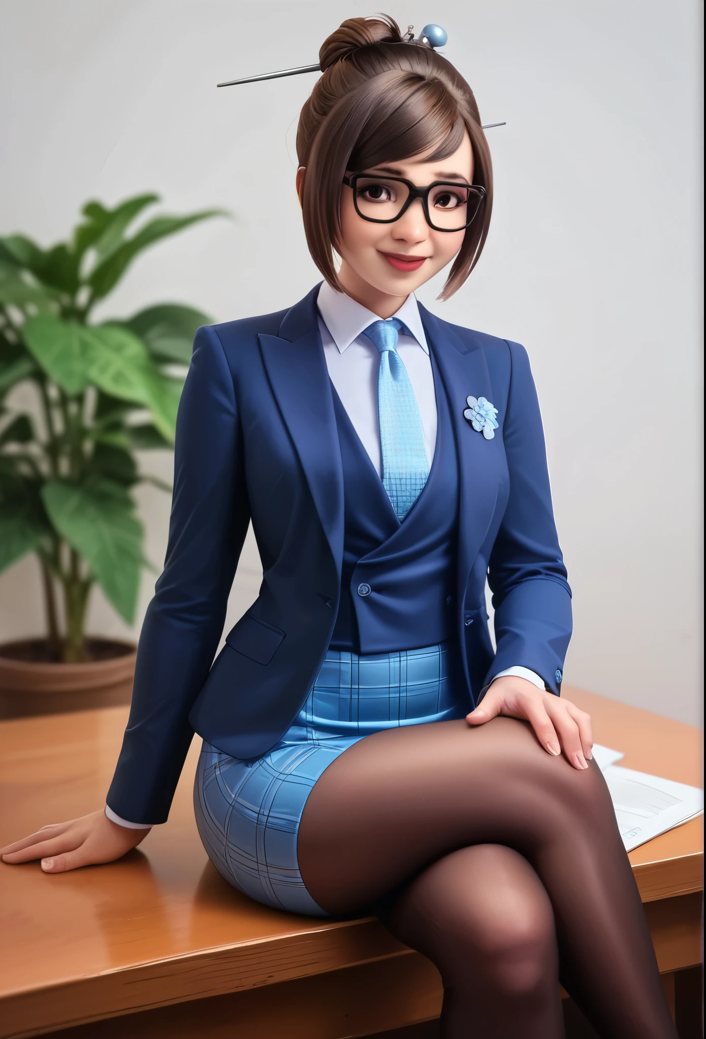 score_9, score_8_up, score_7_up, score_6_up, score_5_up, score_4_up, 3d, owmei, black-framed eyewear, hair bun, smile, shy
three-piece suit, ((waistcoat)), blue plaid skirt suit, dress shirt, bronze necktie, blazer, suit jacket, bodycon pencil skirt, (shirt with white collar), white shirt collar, contrast collar, suit trim, makeup, lipstick, high heels, black pantyhose, sitting on desk, hand on knee, elegant, cheeky, crossed legs, holding jacket lapel, hexagon pattern