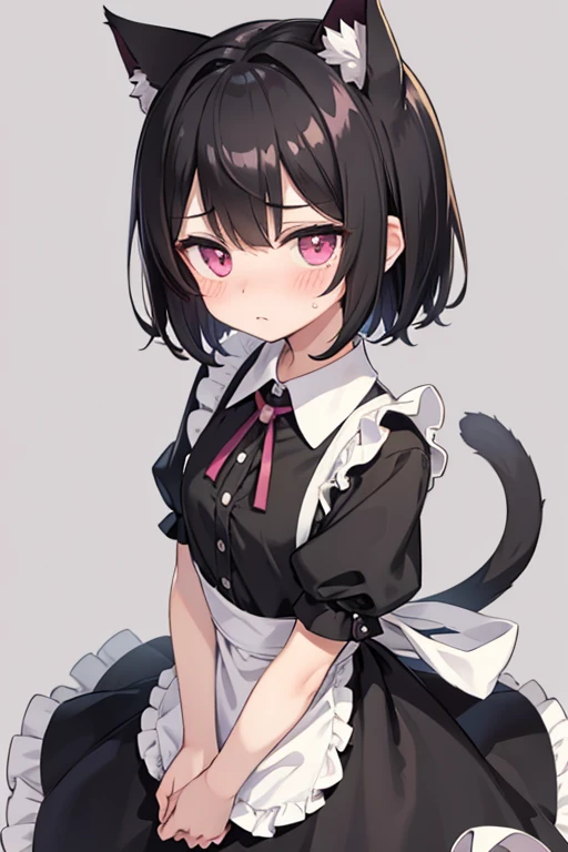 Male, black hair、Very short hair and droopy eyes、Pink eyes, cat ears, blushing face, young, short sleeves、Maid uniform